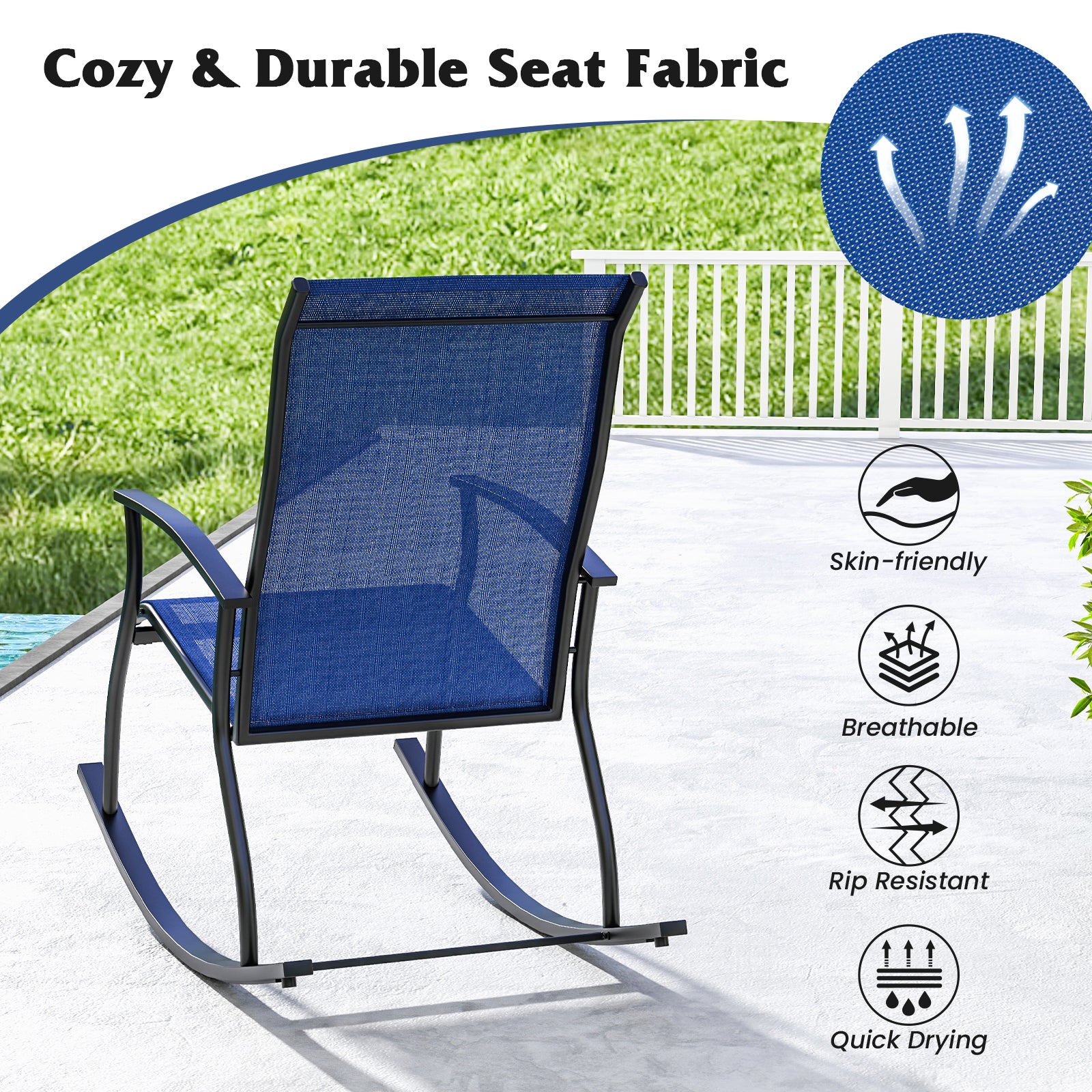 Outdoor Rocking Chairs, 2 Pieces, Breathable Backrest, Navy Patio Rocking Chairs & Gliders at Gallery Canada