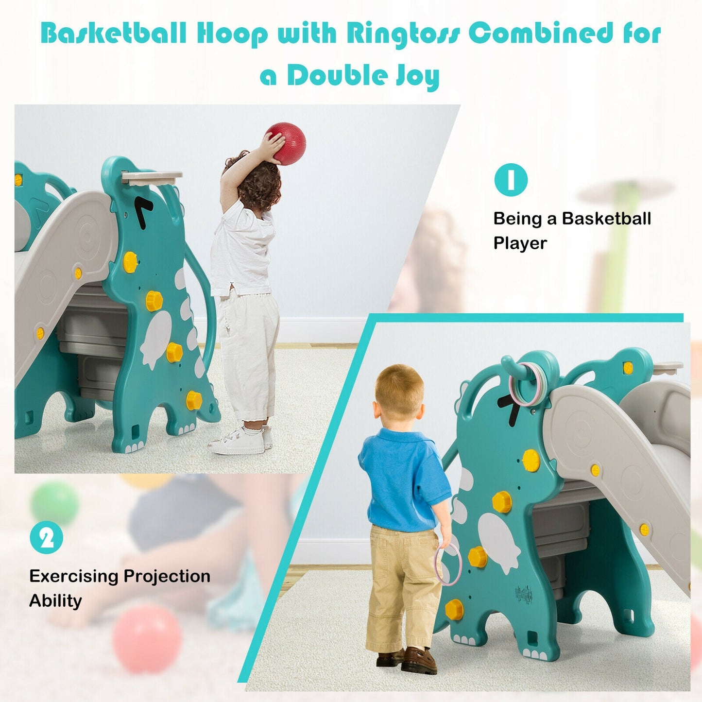 4-In-1 Kids Climber Slide Play Set, Basketball Hoop, Green Climbers & Slides at Gallery Canada