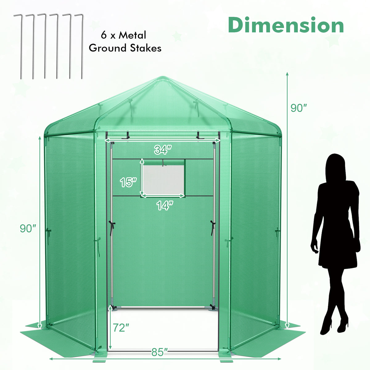 Hexagonal Walk-In Greenhouse, PE Cover, Metal Frame, Green Greenhouses at Gallery Canada