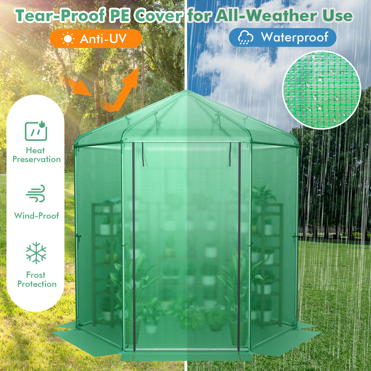 Hexagonal Walk-In Greenhouse, PE Cover, Metal Frame, Green Greenhouses at Gallery Canada