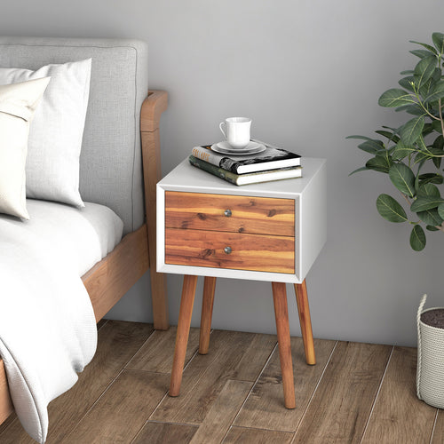Wooden Nightstand, Mid-Century End Table, 2 Storage Drawers, Brown