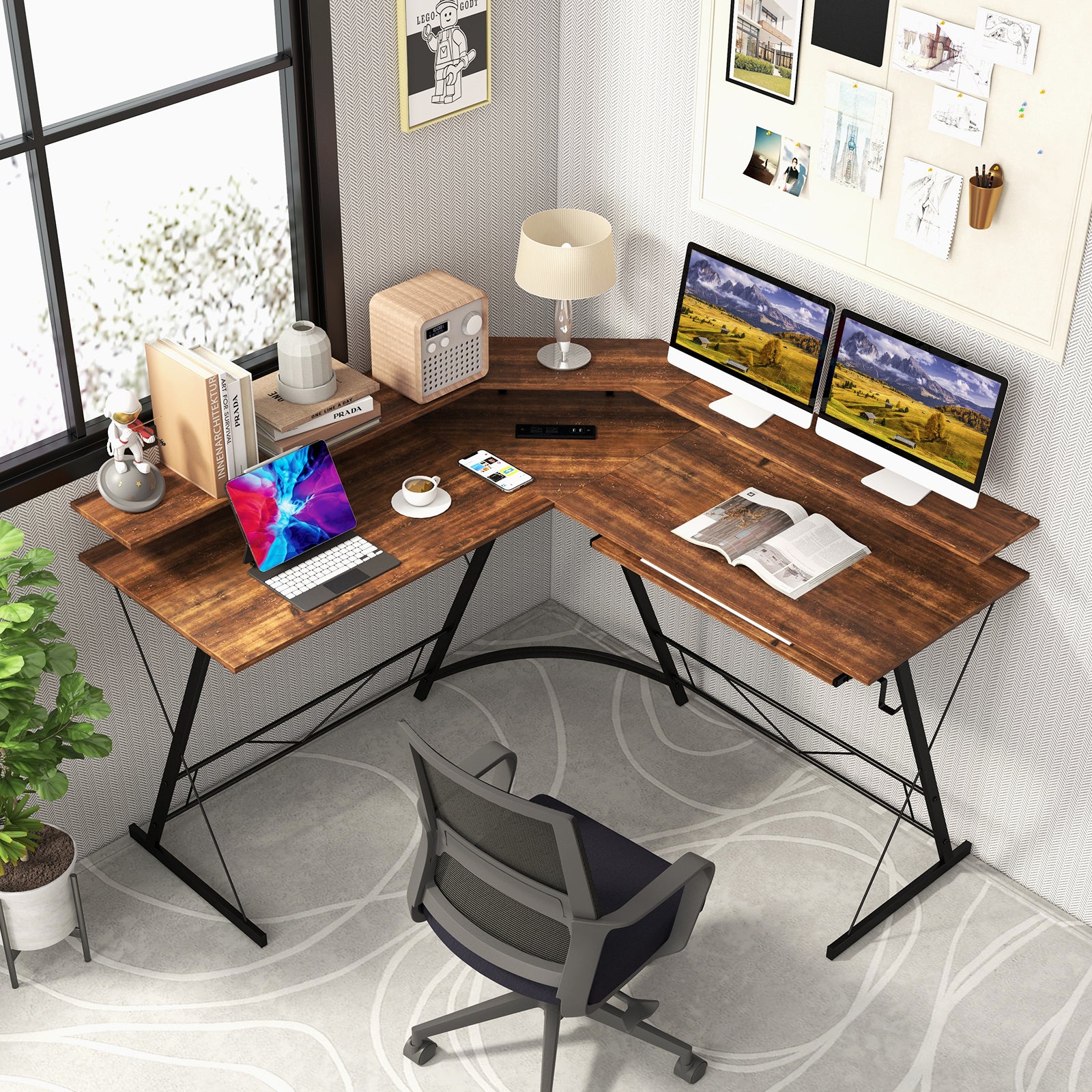L-Shaped Computer Desk With Power Outlet, Monitor Stand, Rustic Brown L-Shaped Desks at Gallery Canada