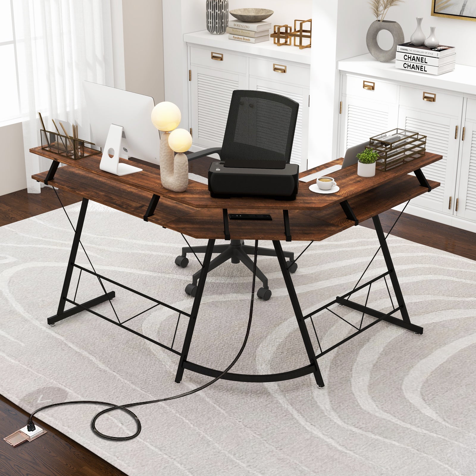 L-Shaped Computer Desk With Power Outlet, Monitor Stand, Rustic Brown L-Shaped Desks at Gallery Canada