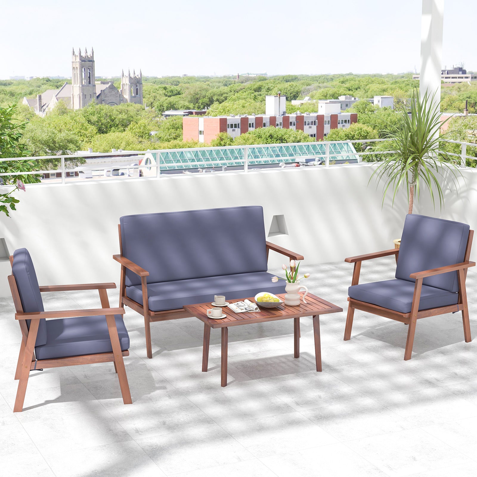 4 Piece Acacia Wood Conversation Set, Gray Cushions Patio Conversation Sets at Gallery Canada