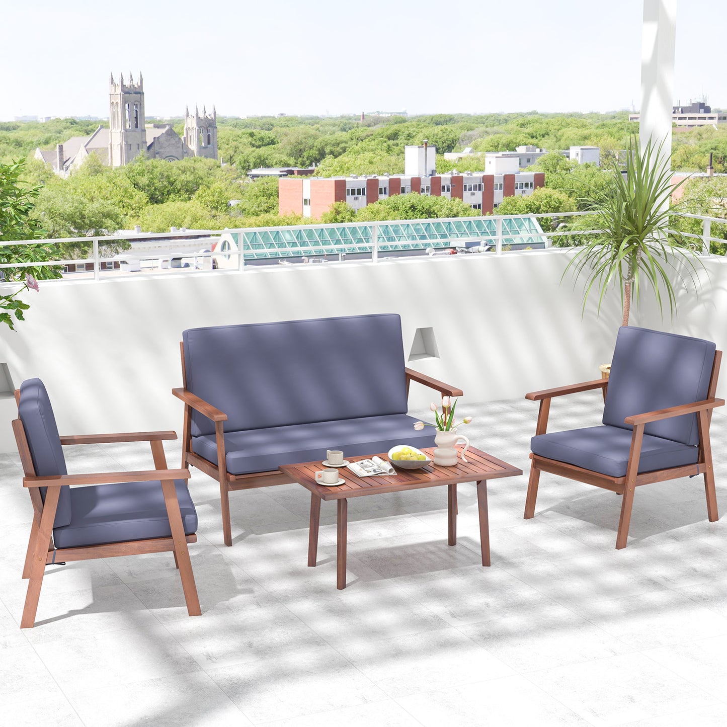 4 Piece Acacia Wood Conversation Set, Gray Cushions Patio Conversation Sets at Gallery Canada