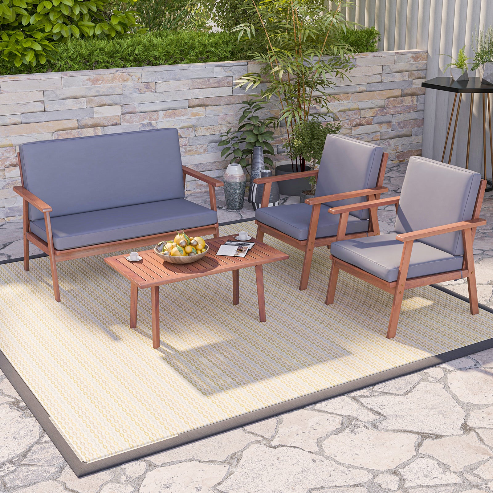 4 Piece Acacia Wood Conversation Set, Gray Cushions Patio Conversation Sets at Gallery Canada