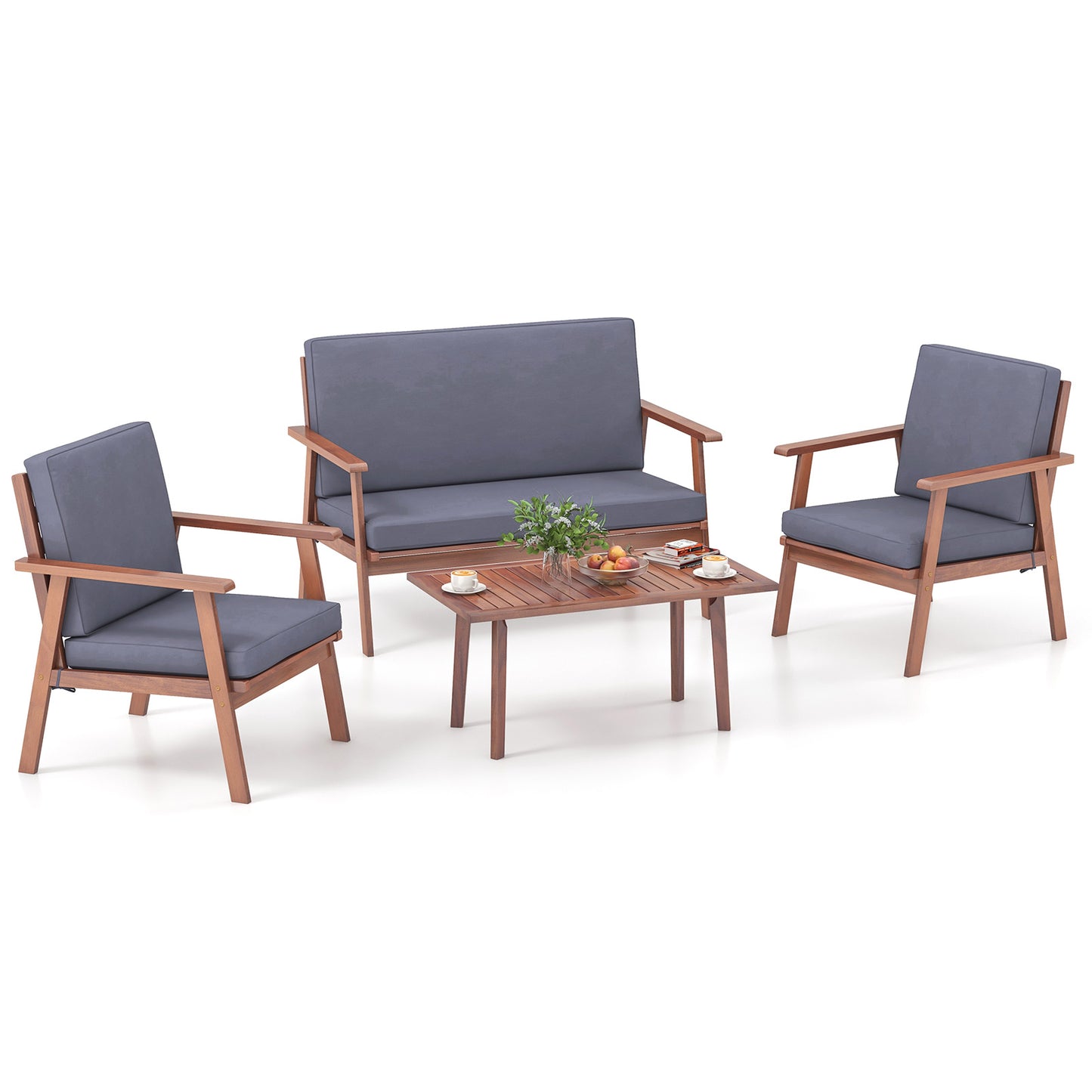4 Piece Acacia Wood Conversation Set, Gray Cushions Patio Conversation Sets at Gallery Canada
