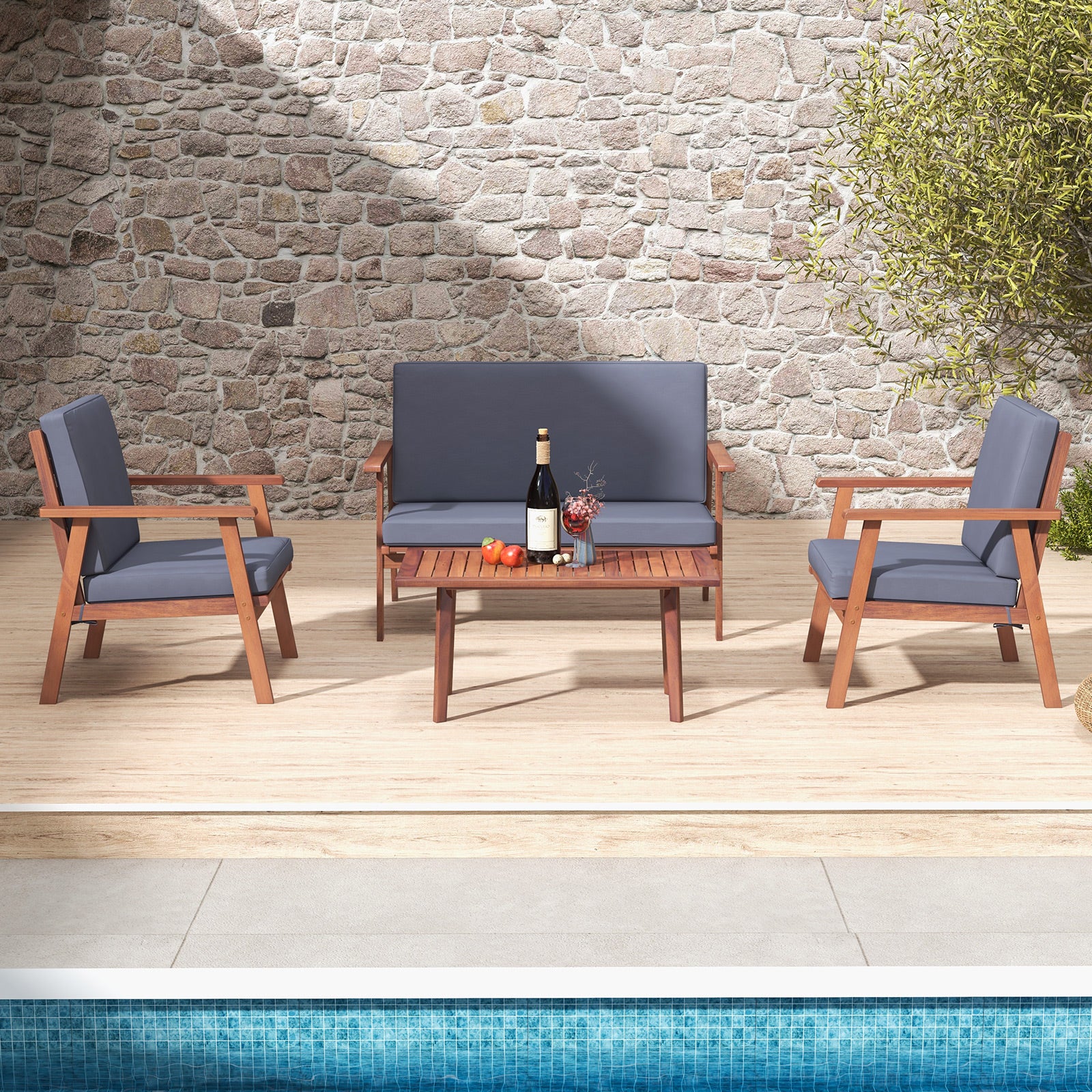 4 Piece Acacia Wood Conversation Set, Gray Cushions Patio Conversation Sets at Gallery Canada