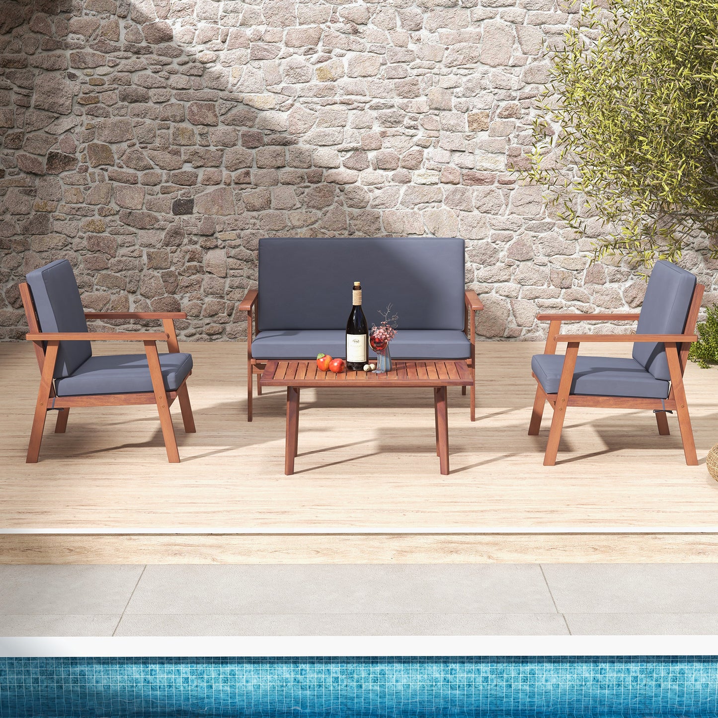 4 Piece Acacia Wood Conversation Set, Gray Cushions Patio Conversation Sets at Gallery Canada