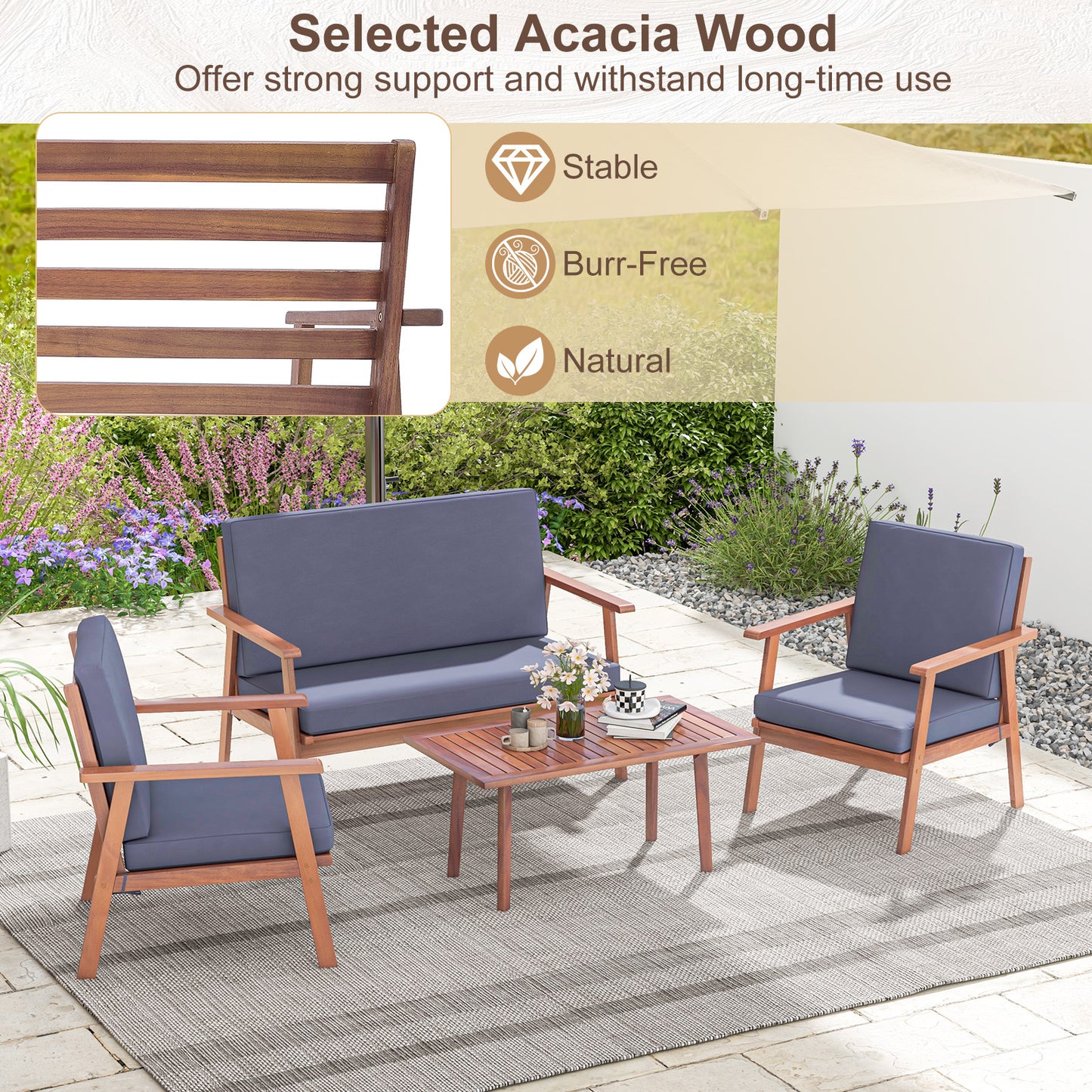 4 Piece Acacia Wood Conversation Set, Gray Cushions Patio Conversation Sets at Gallery Canada