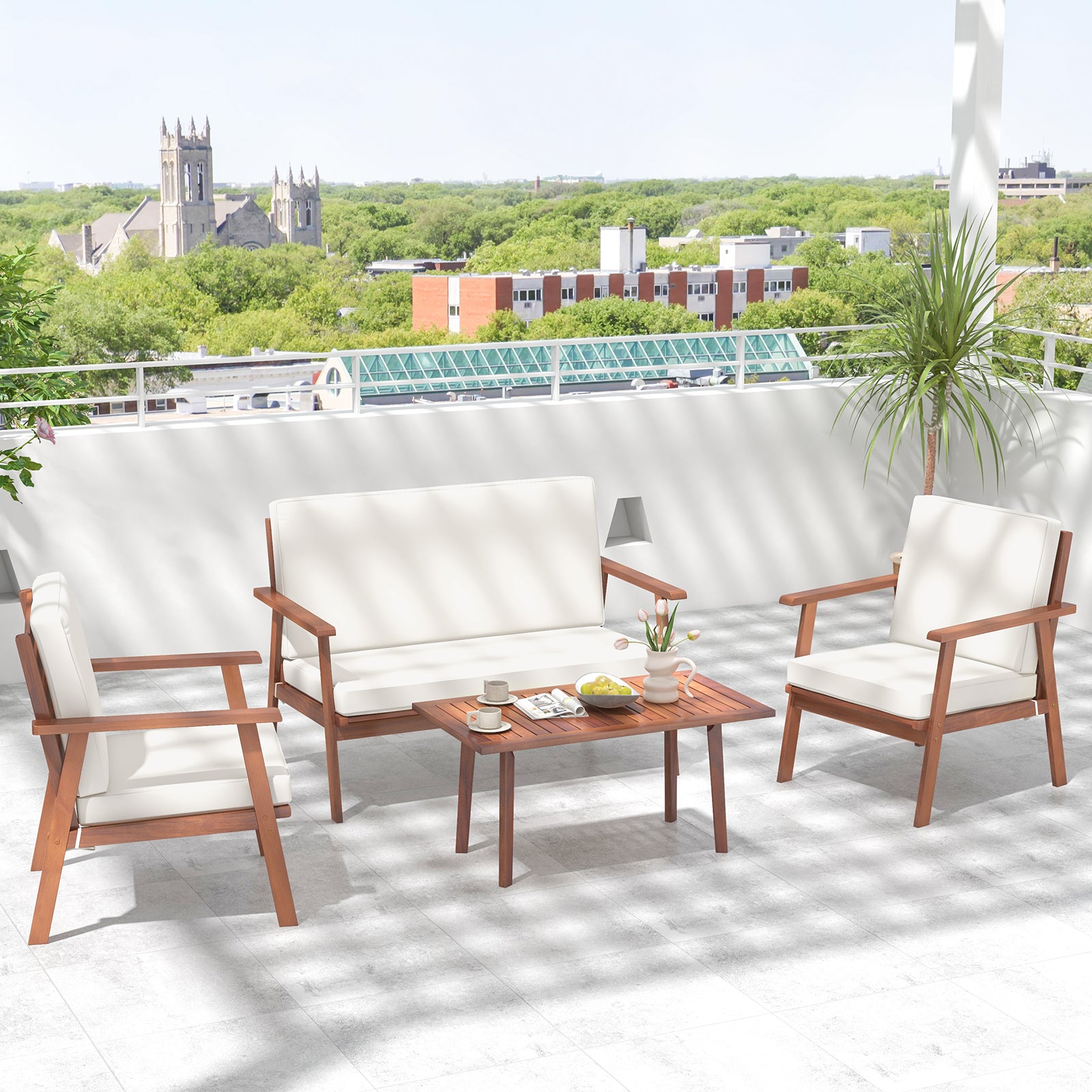 4 Piece Acacia Wood Outdoor Conversation Set, White Patio Conversation Sets at Gallery Canada