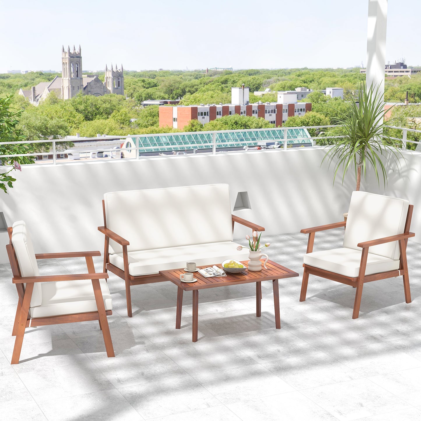 4 Piece Acacia Wood Outdoor Conversation Set, White Patio Conversation Sets at Gallery Canada