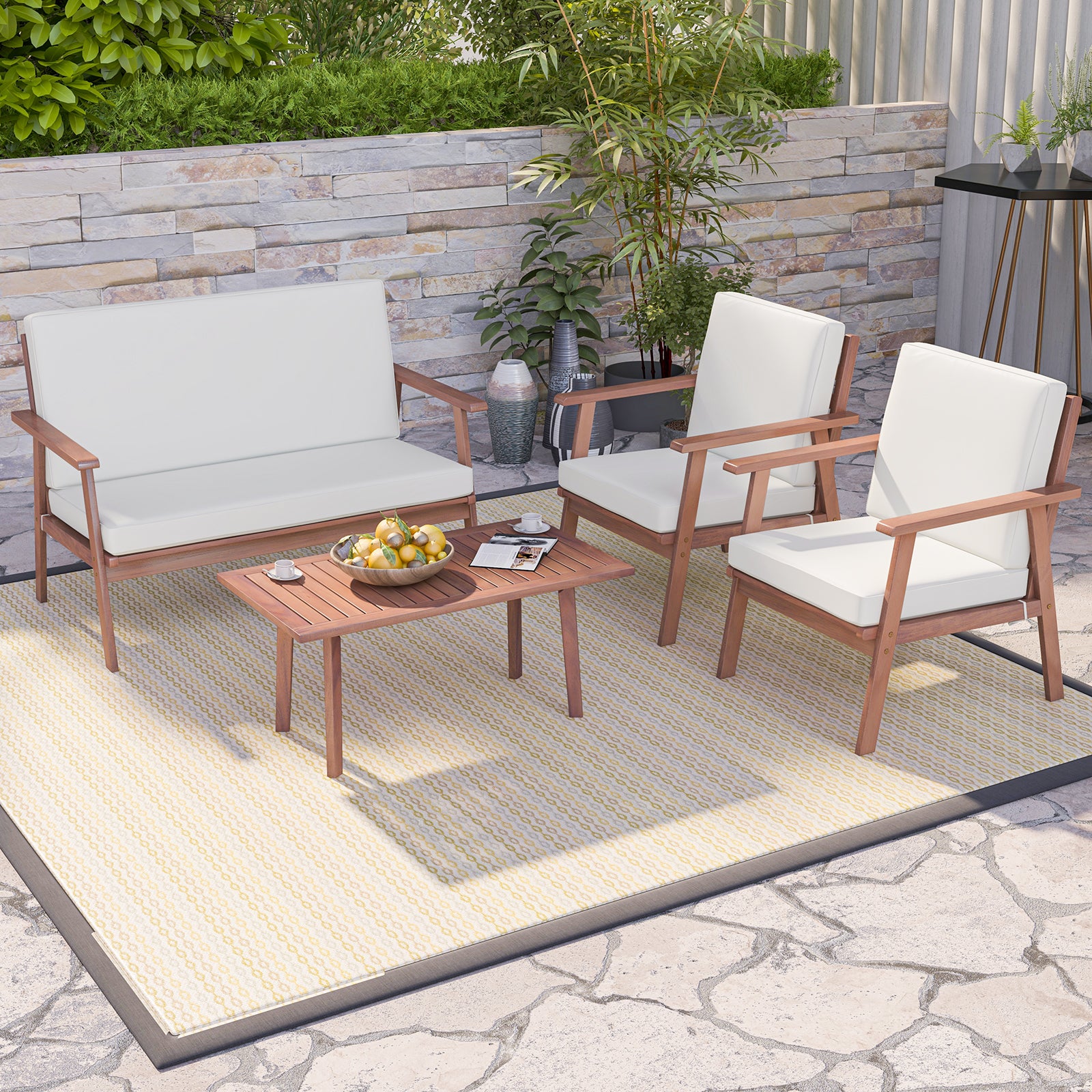 4 Piece Acacia Wood Outdoor Conversation Set, White Patio Conversation Sets at Gallery Canada