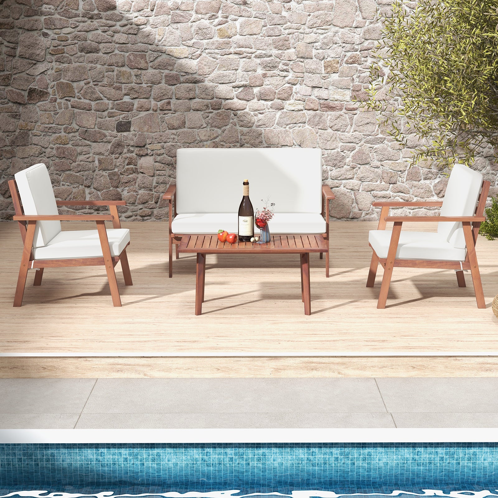 4 Piece Acacia Wood Outdoor Conversation Set, White Patio Conversation Sets at Gallery Canada
