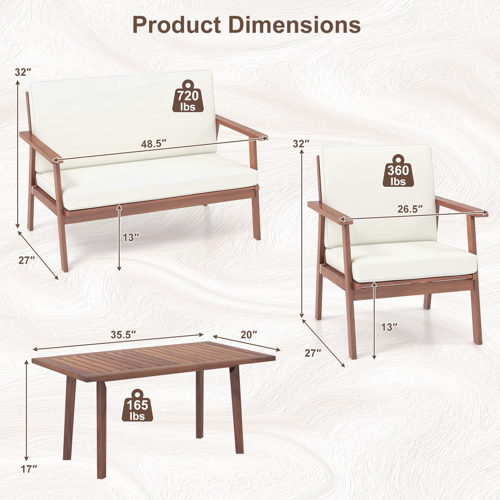 4 Piece Acacia Wood Outdoor Conversation Set, White Patio Conversation Sets at Gallery Canada