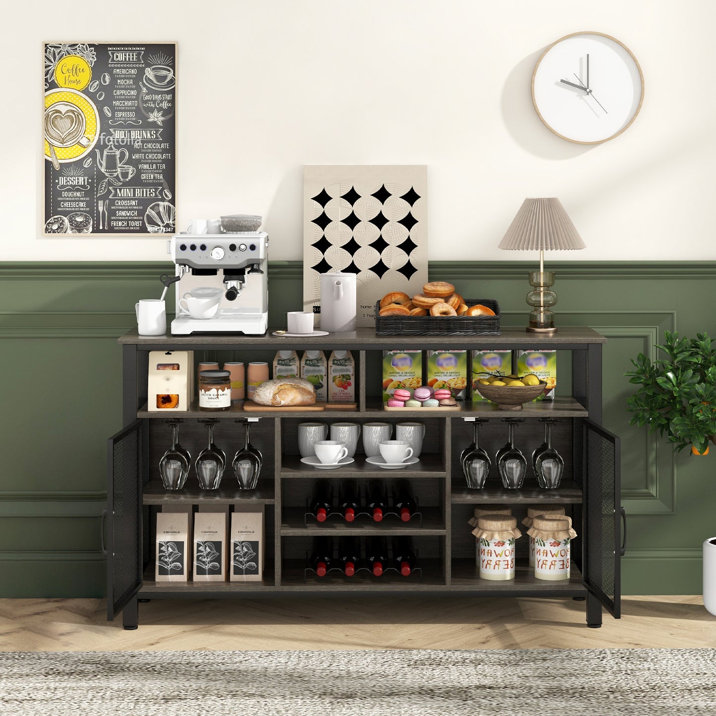 55-Inch Buffet Sideboard, 8-Bottle Wine Racks, Glass Holders, Gray Sideboards Cabinets & Buffets at Gallery Canada