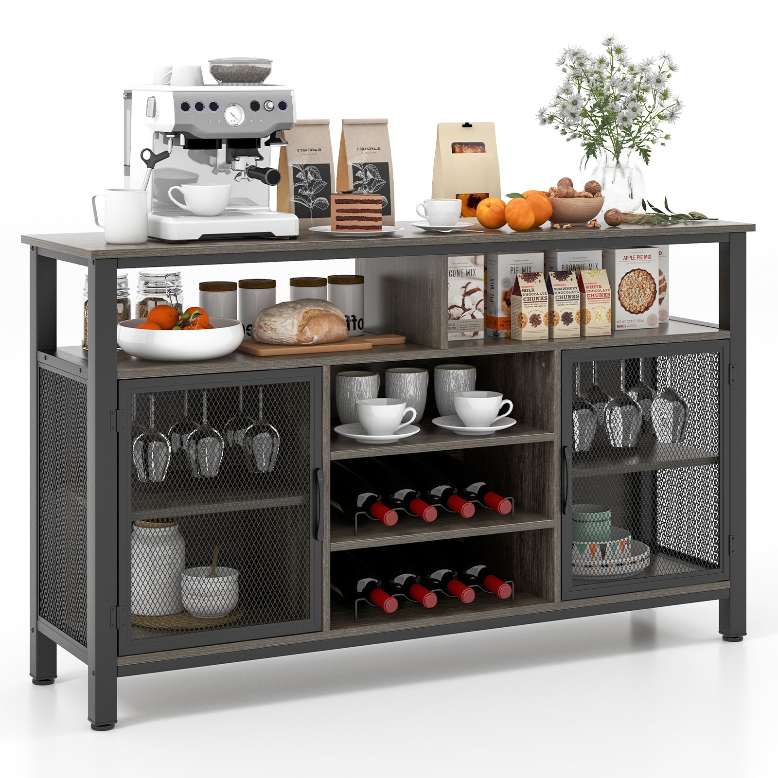 55-Inch Buffet Sideboard, 8-Bottle Wine Racks, Glass Holders, Gray Sideboards Cabinets & Buffets at Gallery Canada