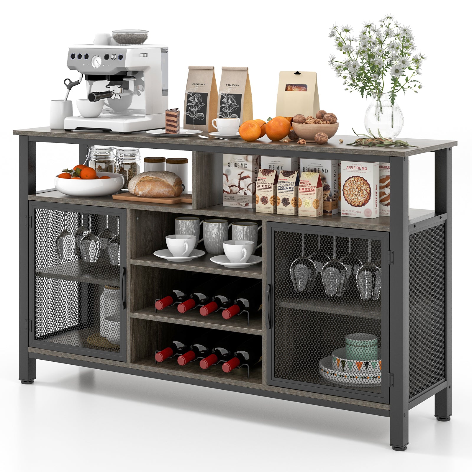 55-Inch Buffet Sideboard, 8-Bottle Wine Racks, Glass Holders, Gray Sideboards Cabinets & Buffets at Gallery Canada