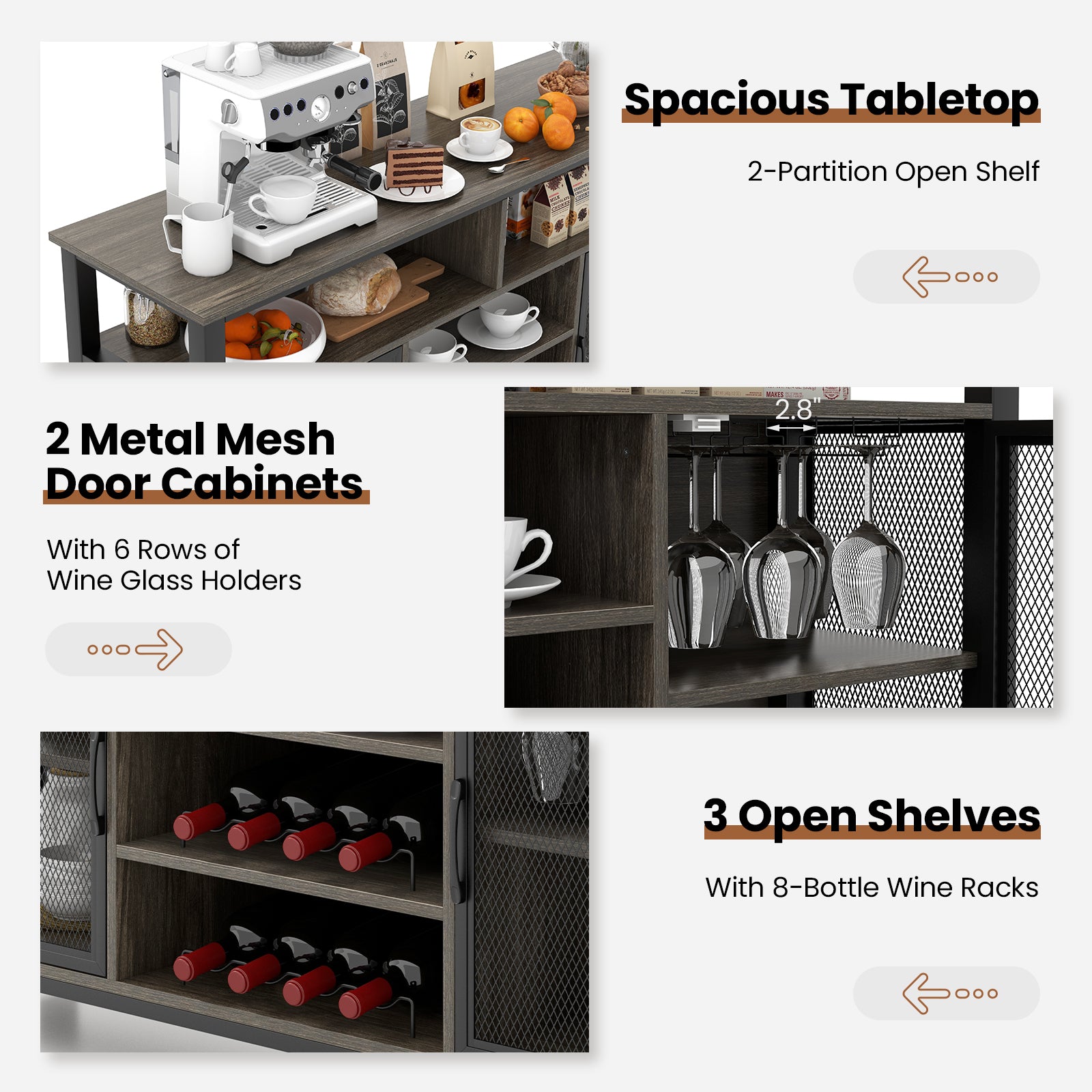 55-Inch Buffet Sideboard, 8-Bottle Wine Racks, Glass Holders, Gray Sideboards Cabinets & Buffets at Gallery Canada