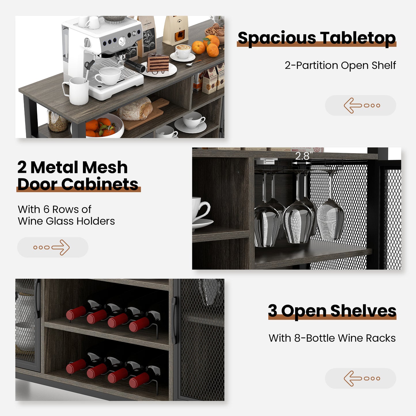 55-Inch Buffet Sideboard, 8-Bottle Wine Racks, Glass Holders, Gray Sideboards Cabinets & Buffets at Gallery Canada