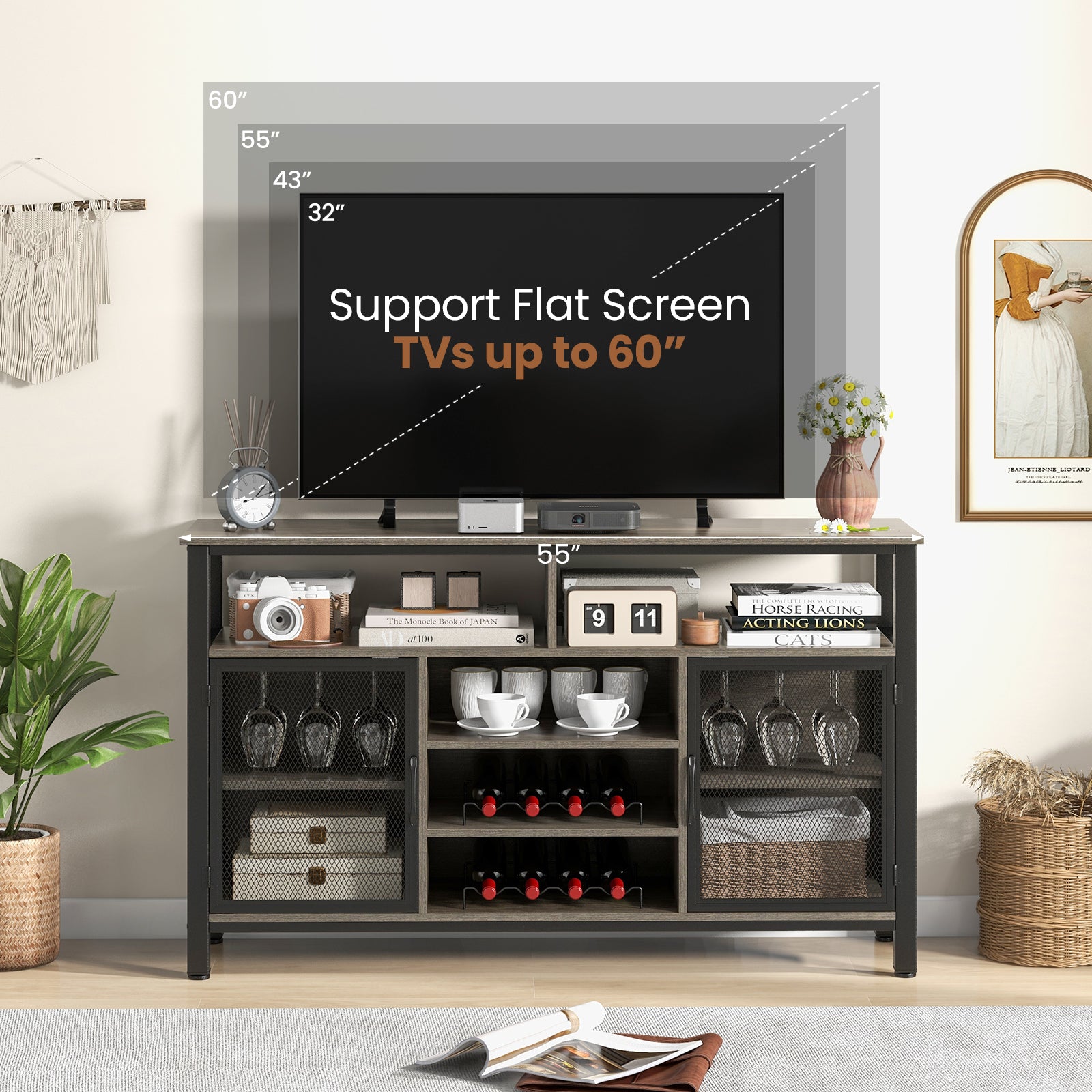 55-Inch Buffet Sideboard, 8-Bottle Wine Racks, Glass Holders, Gray Sideboards Cabinets & Buffets at Gallery Canada