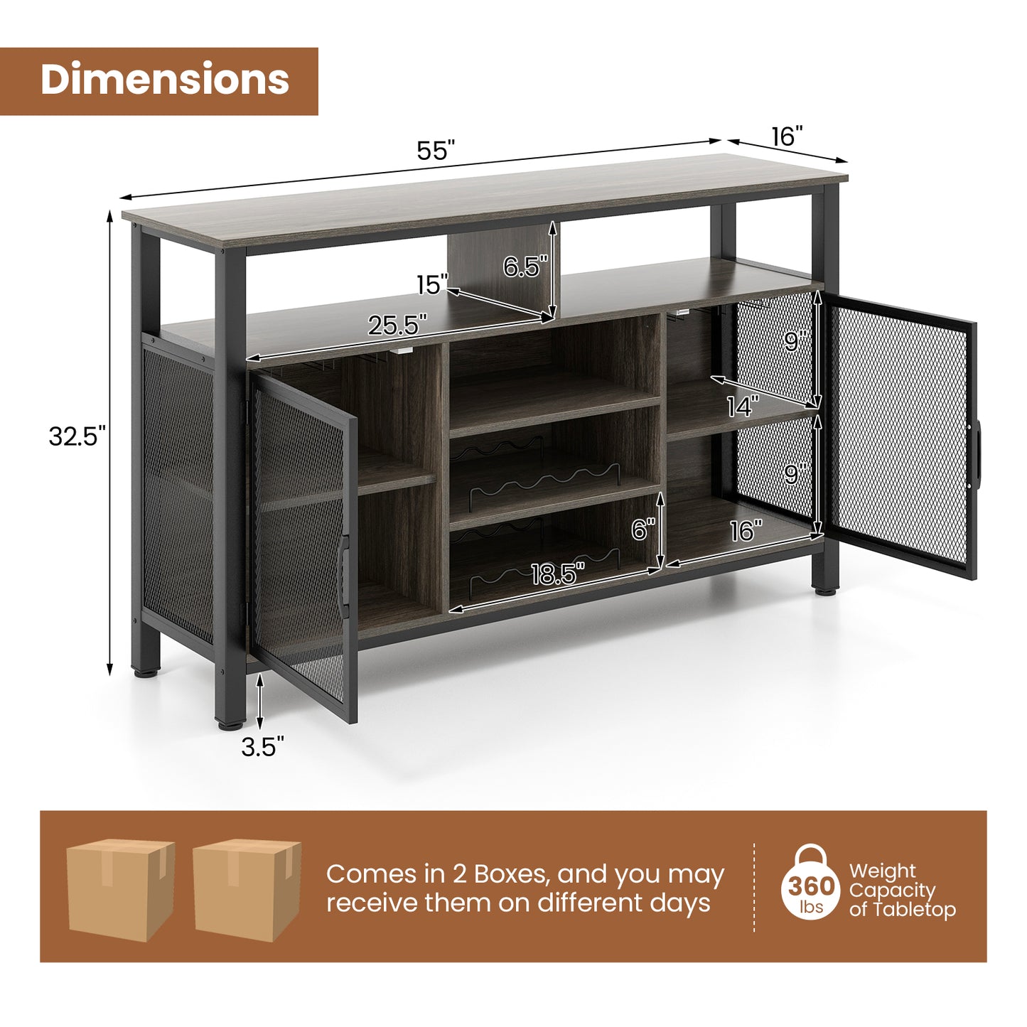 55-Inch Buffet Sideboard, 8-Bottle Wine Racks, Glass Holders, Gray Sideboards Cabinets & Buffets at Gallery Canada
