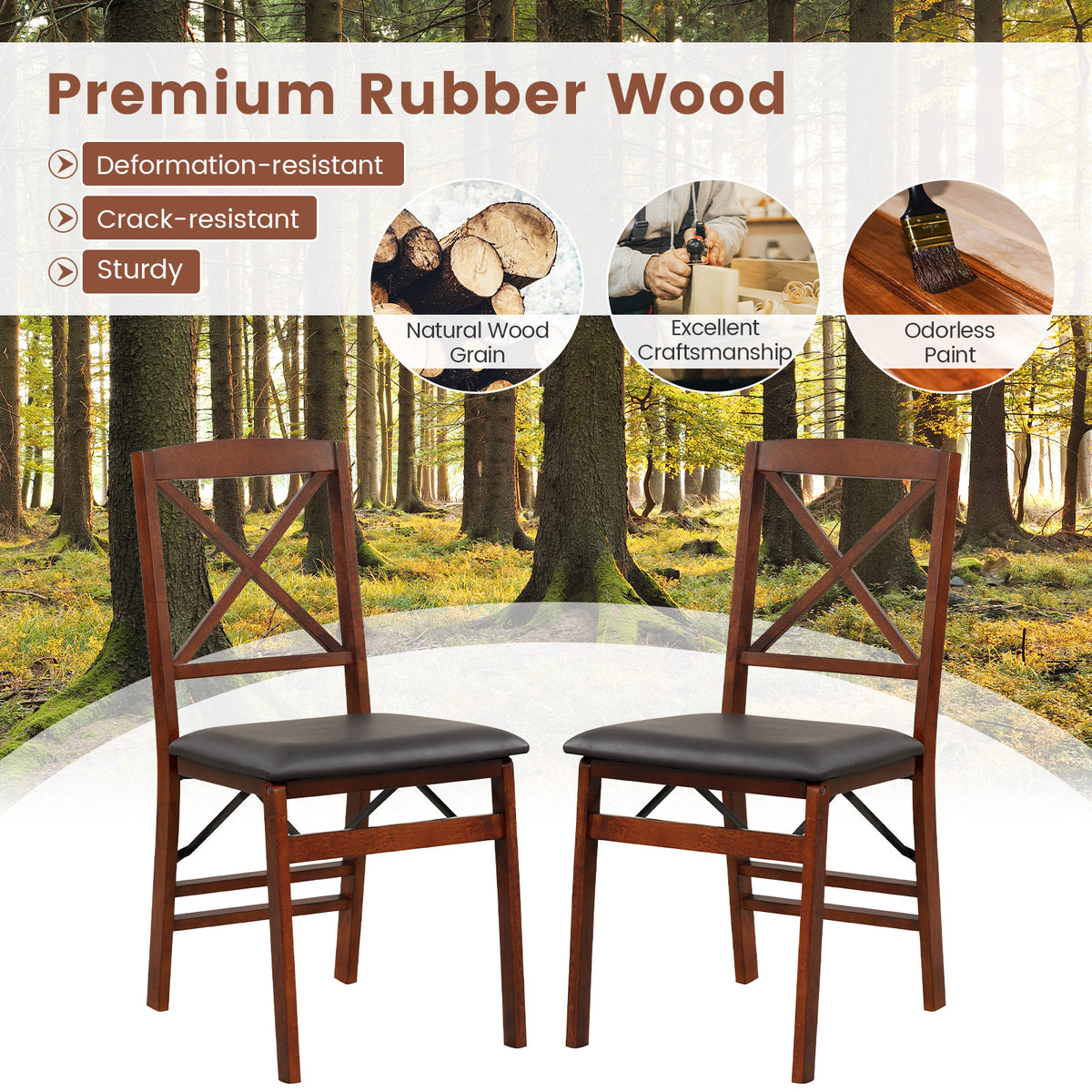 Set Of 2 Folding Dining Chairs, 400 LBS Capacity, Brown Dining Chairs at Gallery Canada