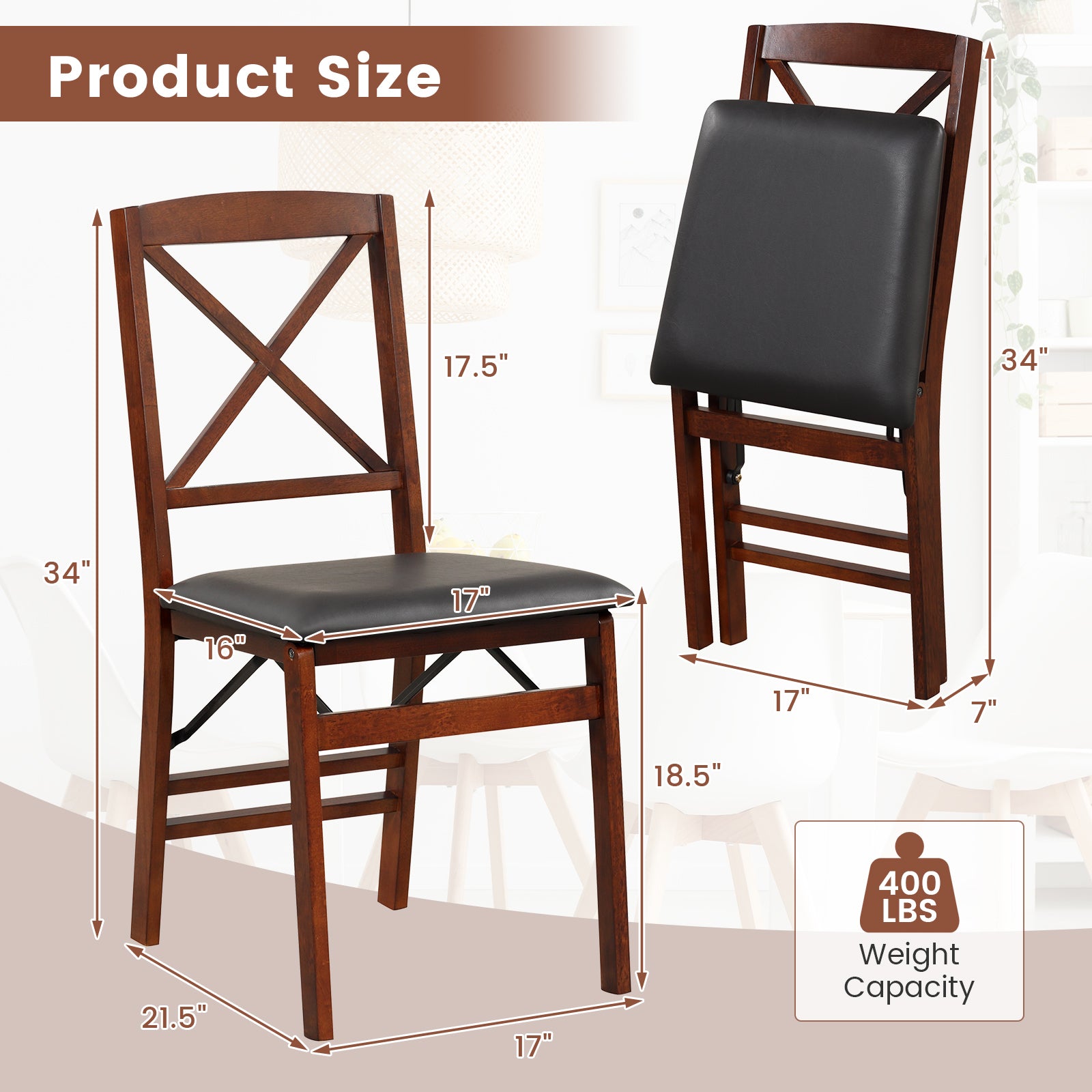 Set Of 2 Folding Dining Chairs, 400 LBS Capacity, Brown Dining Chairs at Gallery Canada
