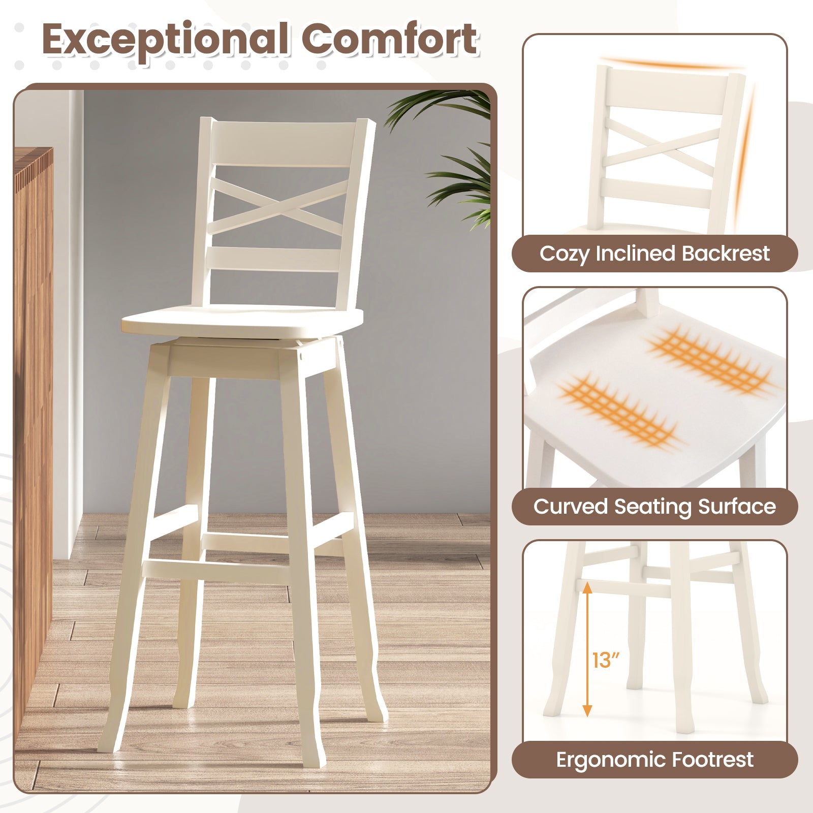 30-Inch Swivel Bar Stool Set, With Footrest, Cream White Bar Stools at Gallery Canada
