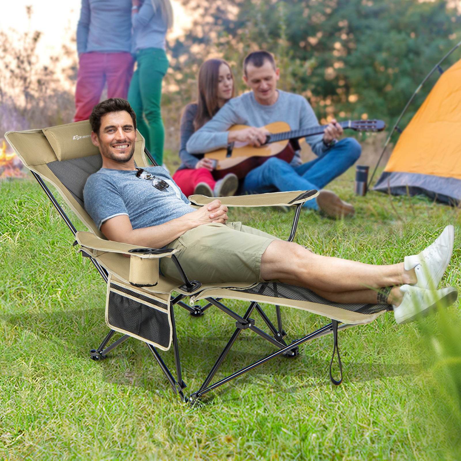 Camping Lounge Chair With Detachable Footrest, Adjustable Backrest, Khaki Camping Furniture at Gallery Canada