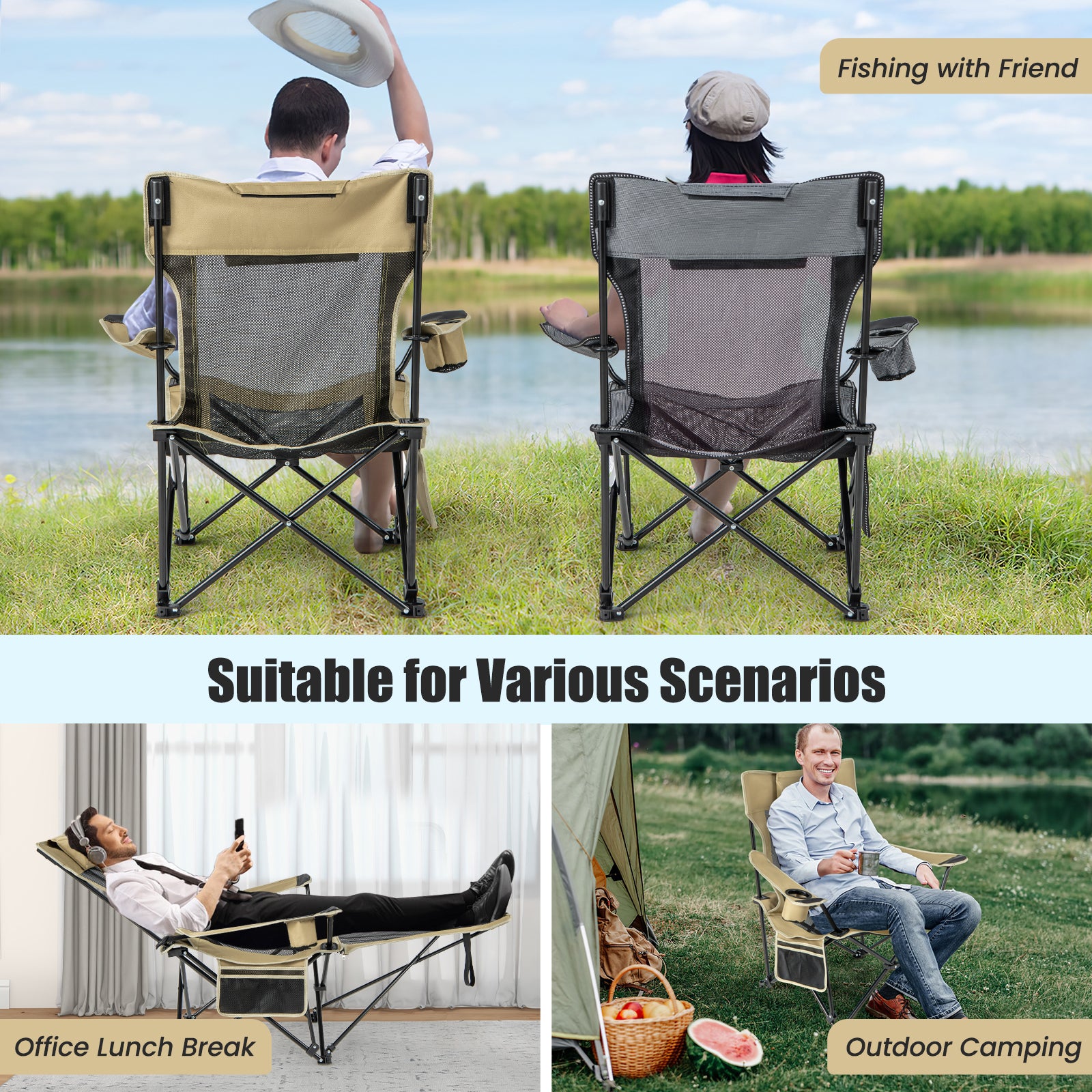 Camping Lounge Chair With Detachable Footrest, Adjustable Backrest, Khaki Camping Furniture at Gallery Canada