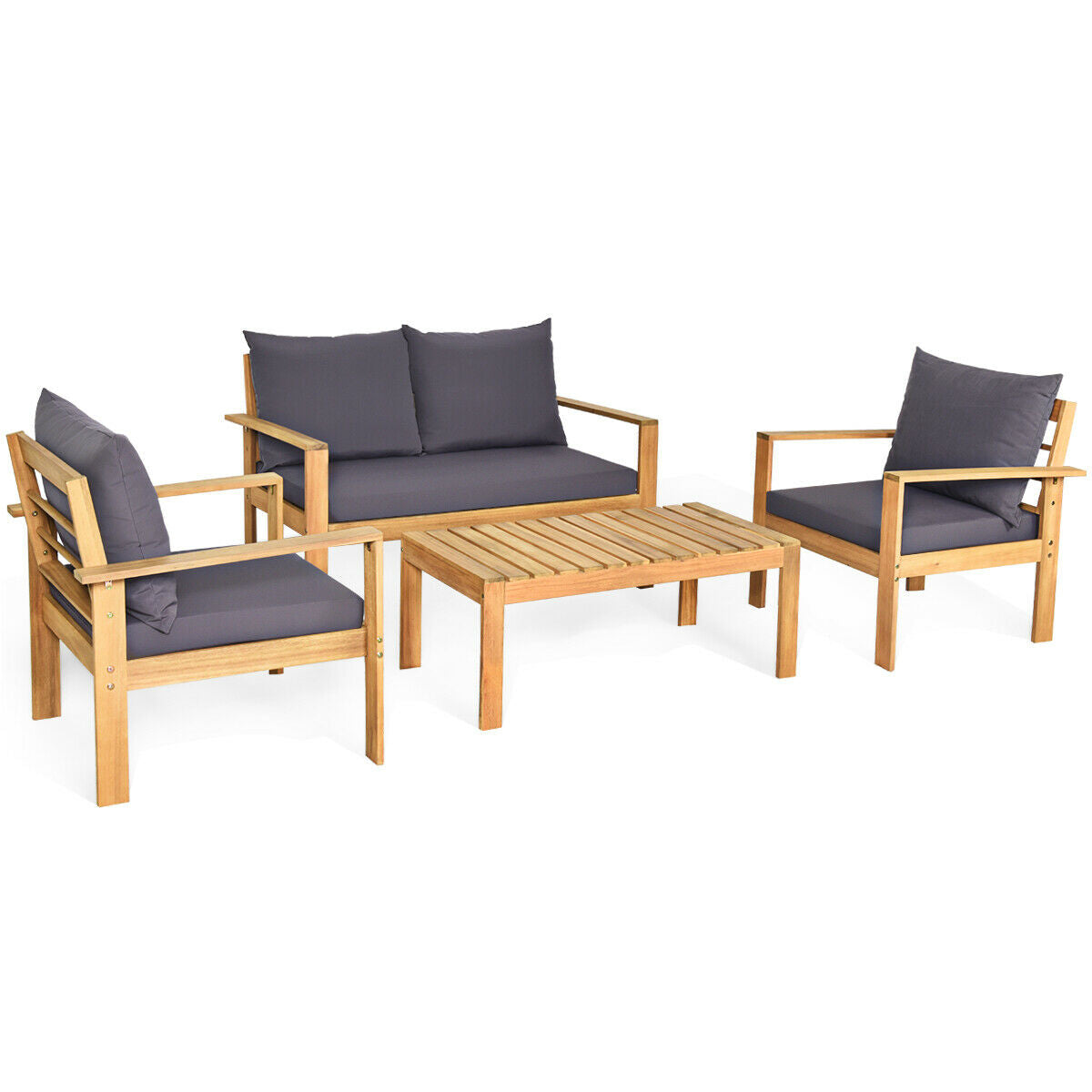 4 Piece Outdoor Acacia Wood Chat Set, Removable Cushions, Gray Patio Conversation Sets at Gallery Canada