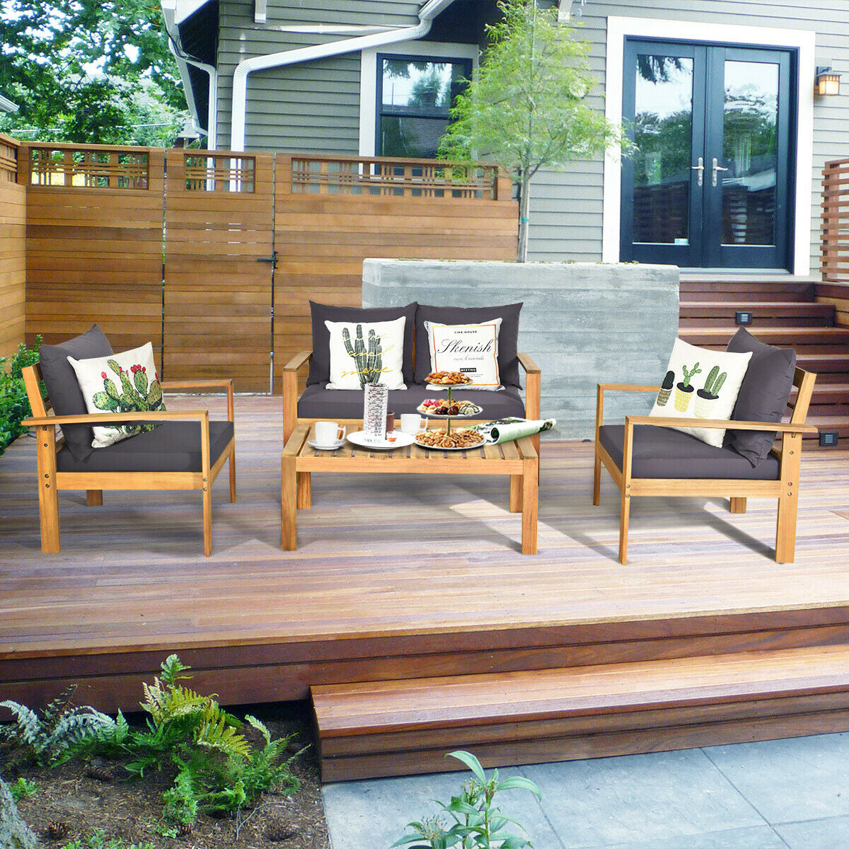 4 Piece Outdoor Acacia Wood Chat Set, Removable Cushions, Gray Patio Conversation Sets at Gallery Canada