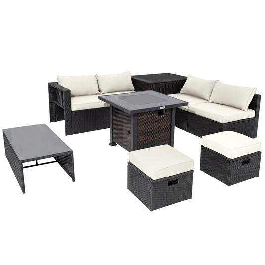 9 Piece Patio Furniture Set, 32” Fire Pit Table, White Outdoor Seating & Patio Chairs White at Gallery Canada