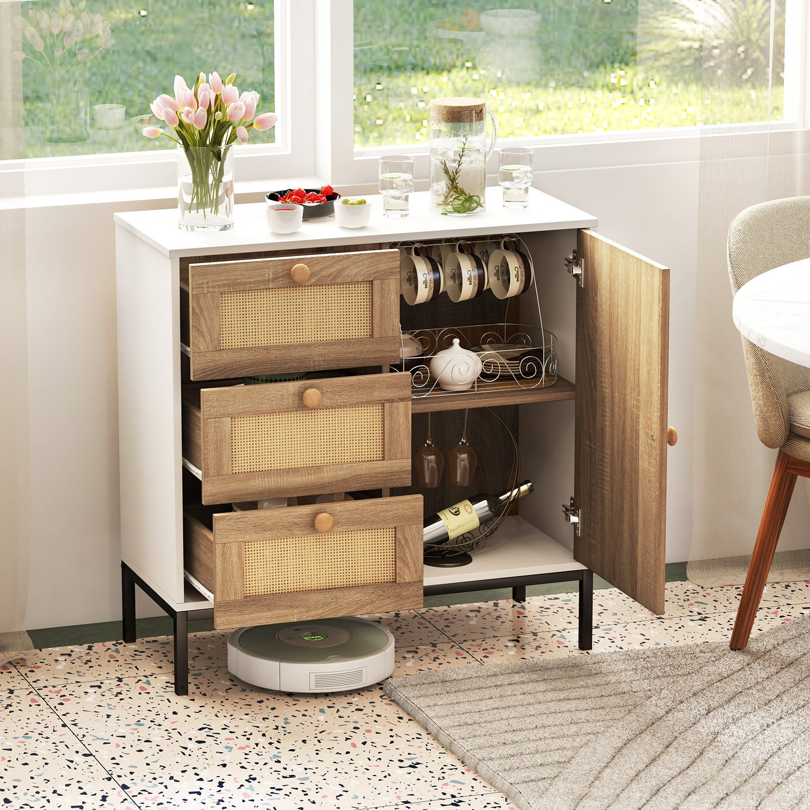 Rattan Sideboard Buffet Cabinet, 1 Door 3 Drawers, White Cabinets & Chests at Gallery Canada