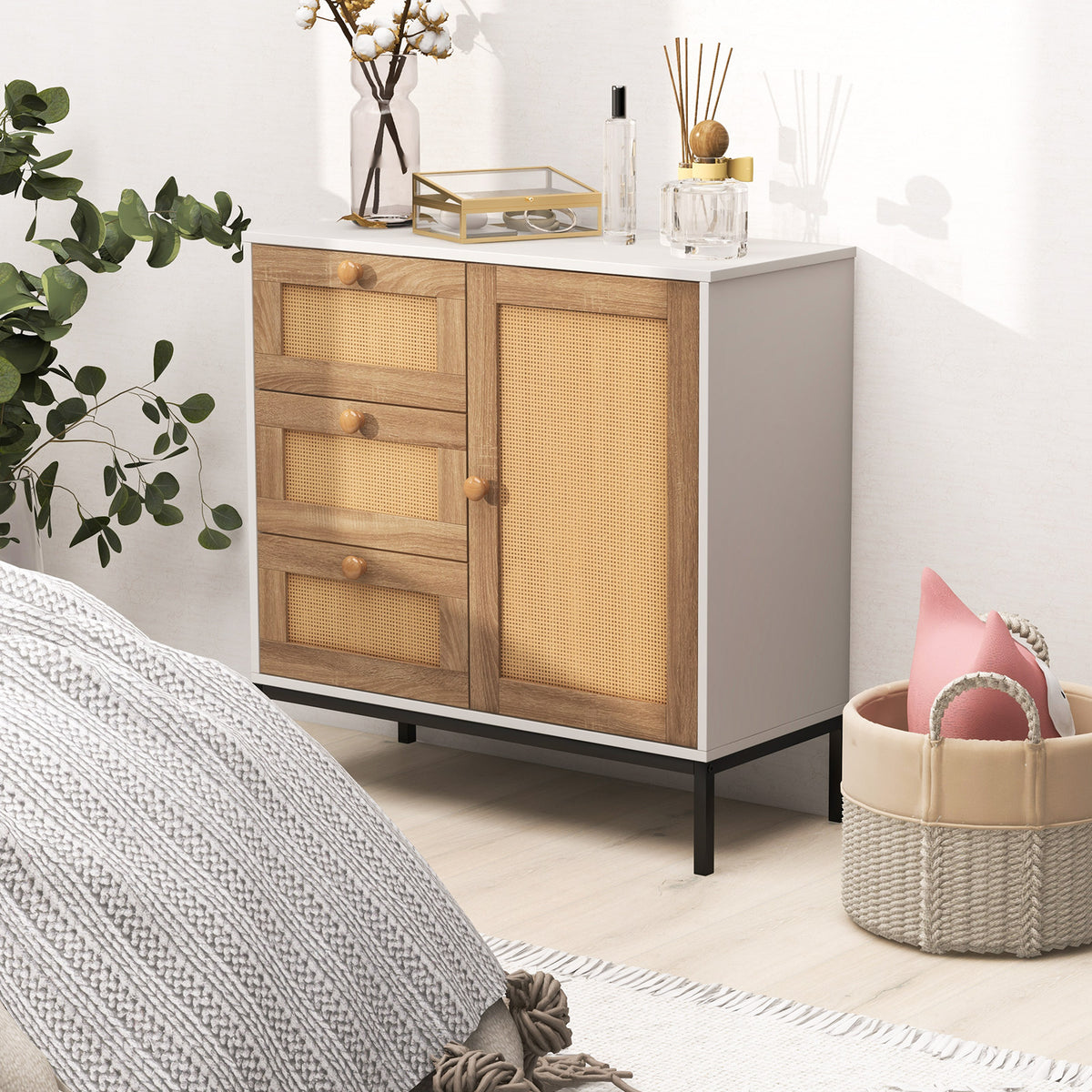 Rattan Sideboard Buffet Cabinet, 1 Door 3 Drawers, White Cabinets & Chests at Gallery Canada
