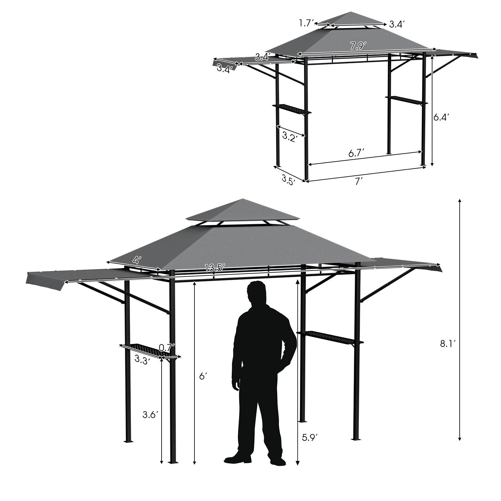 13.5 x 4 Feet Patio BBQ Grill Gazebo Canopy, Gray Gazebos at Gallery Canada