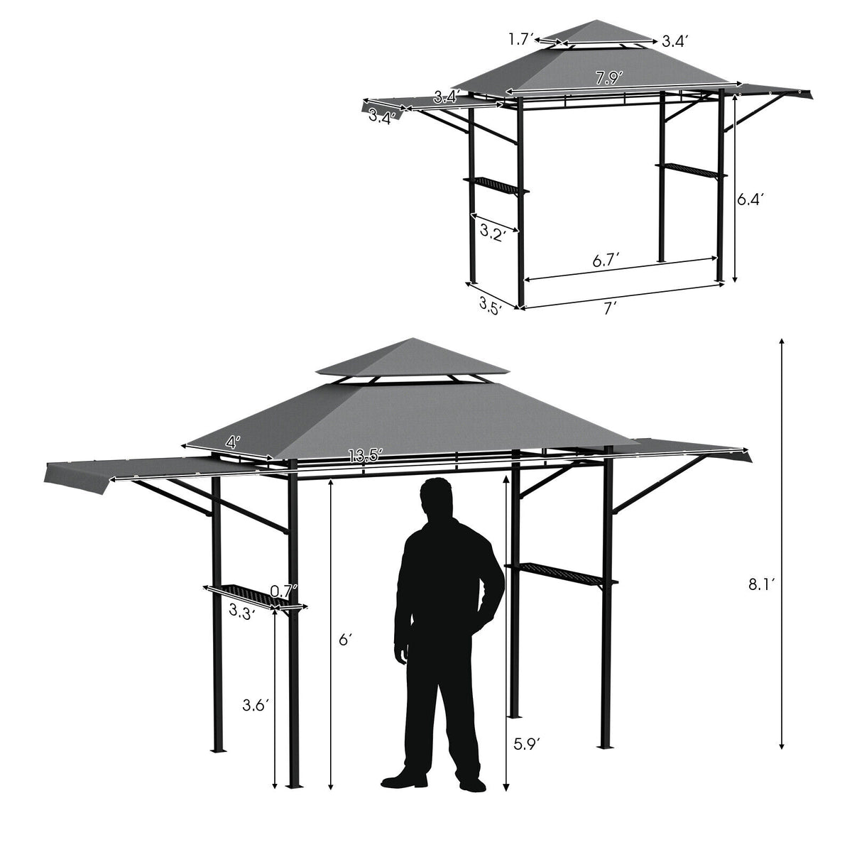 13.5 x 4 Feet Patio BBQ Grill Gazebo Canopy, Gray Gazebos at Gallery Canada