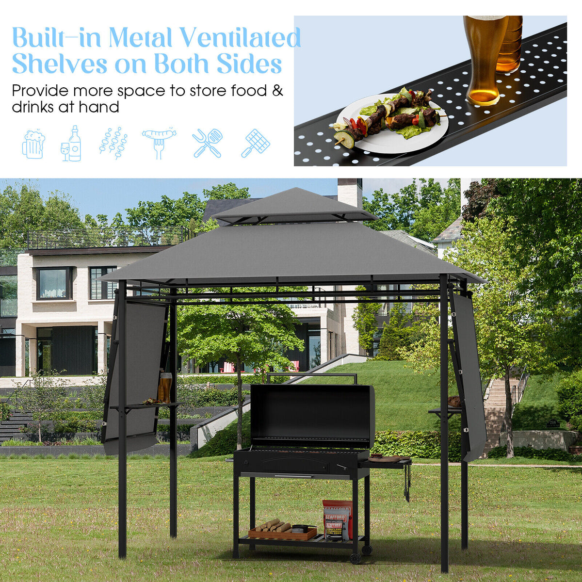 13.5 x 4 Feet Patio BBQ Grill Gazebo Canopy, Gray Gazebos at Gallery Canada
