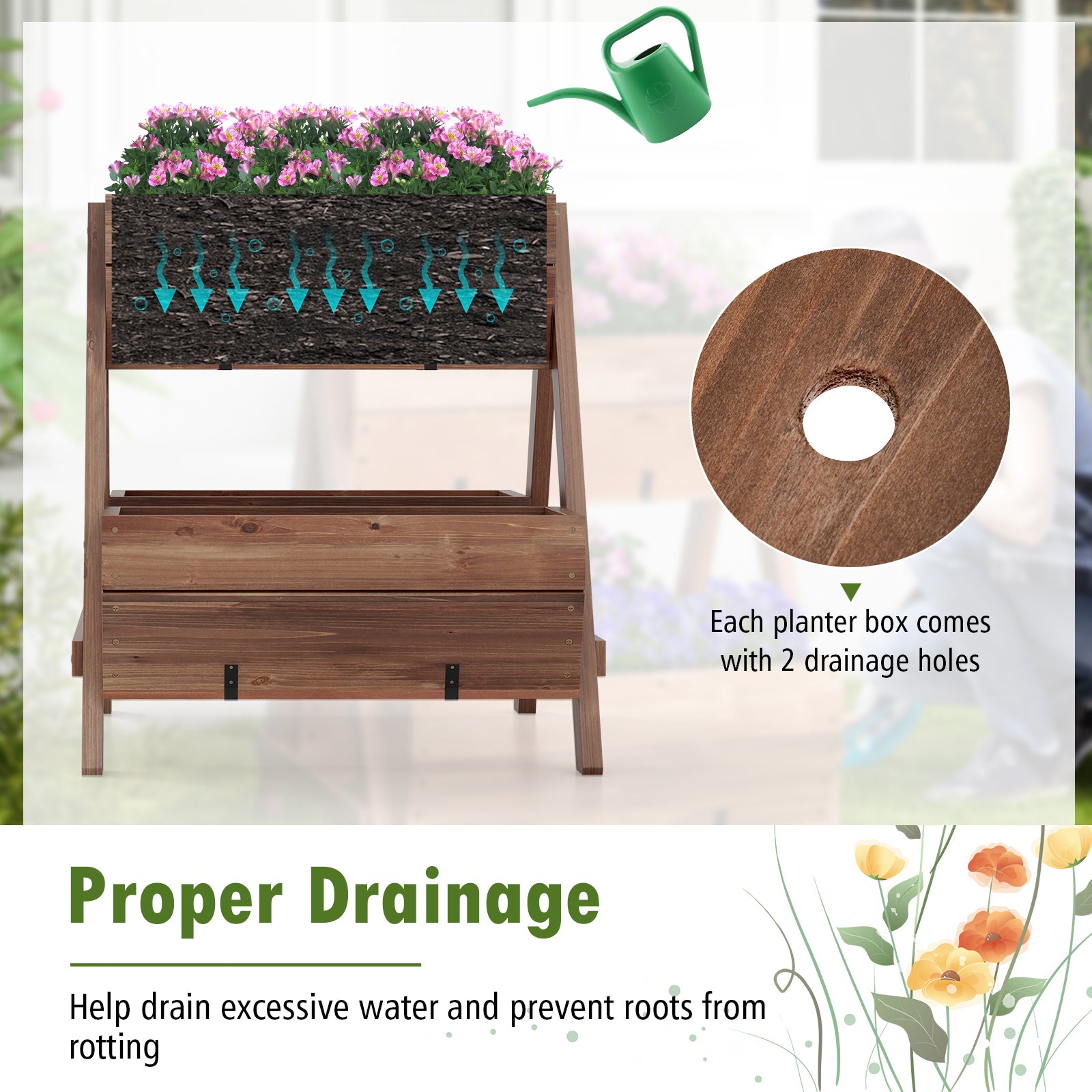 Vertical Raised Garden Bed With 3 Wooden Planter Boxes, S, Brown Raised Garden Beds at Gallery Canada