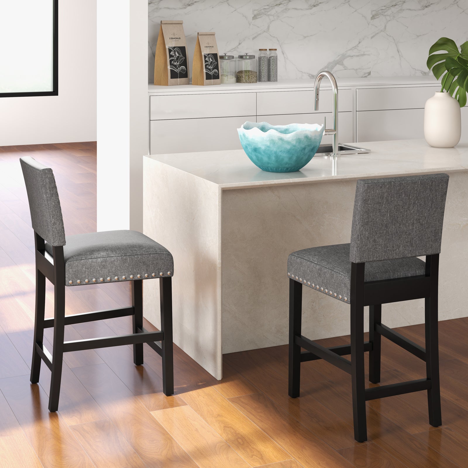 38.5/43.5 Inch Counter Height Chairs, Solid Rubber Wood Frame, Gray Dining Chairs at Gallery Canada