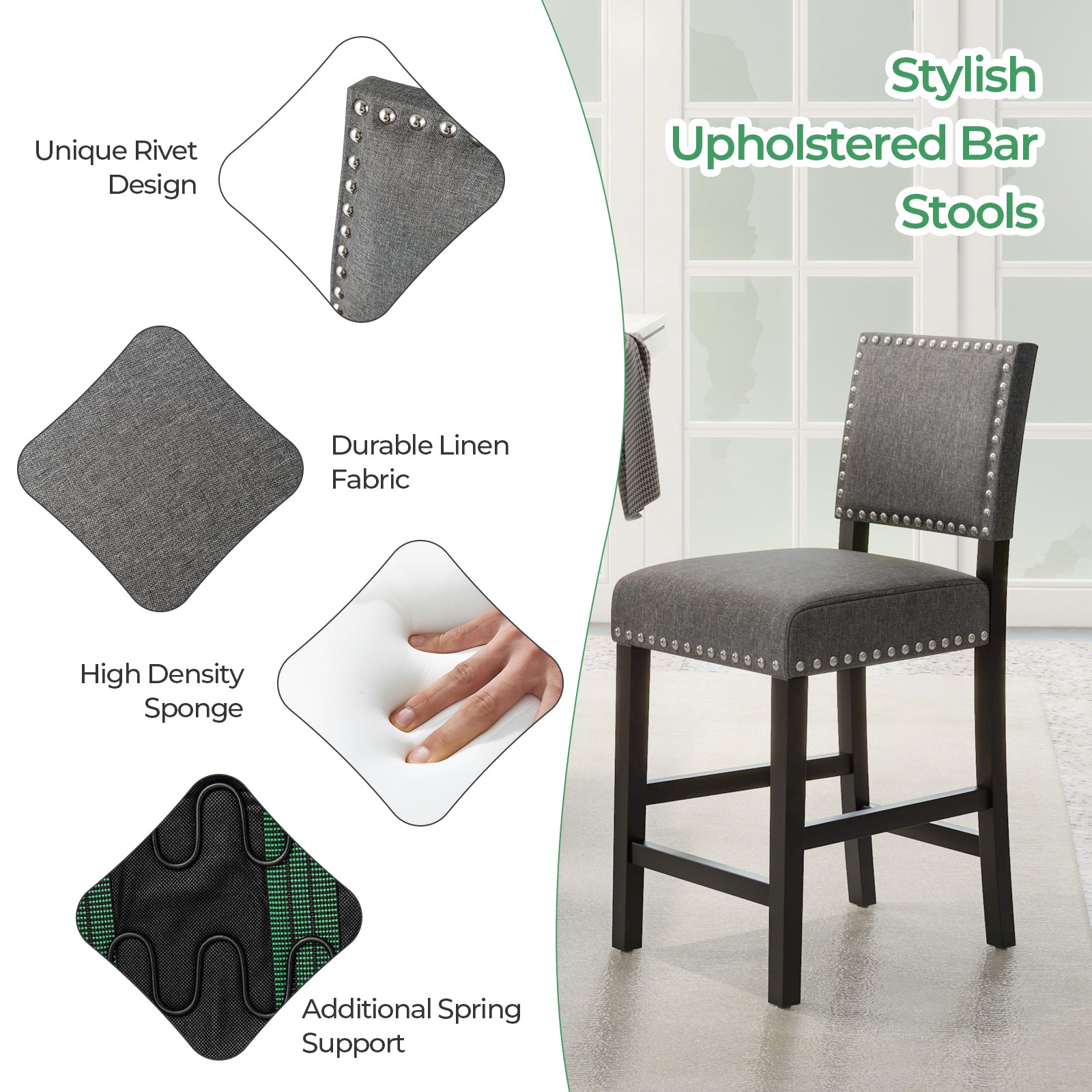 38.5/43.5 Inch Counter Height Chairs, Solid Rubber Wood Frame, Gray Dining Chairs at Gallery Canada