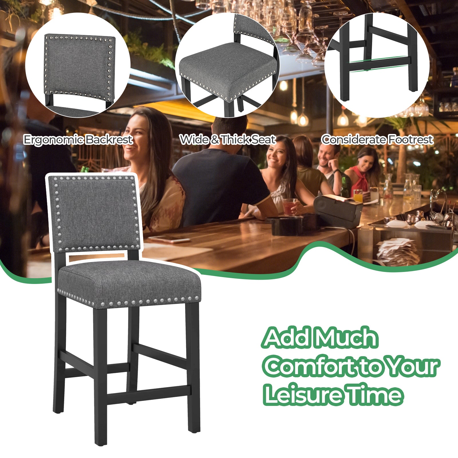 38.5/43.5 Inch Counter Height Chairs, Solid Rubber Wood Frame, Gray Dining Chairs at Gallery Canada