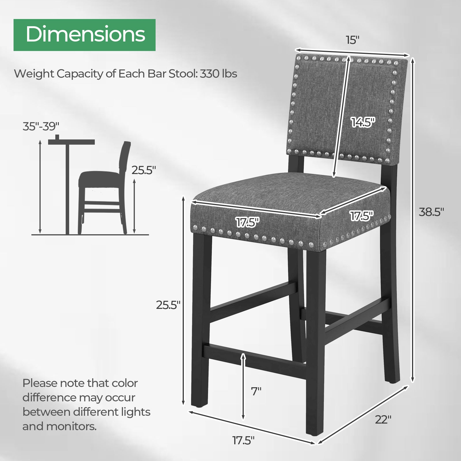 38.5/43.5 Inch Counter Height Chairs, Solid Rubber Wood Frame, Gray Dining Chairs at Gallery Canada
