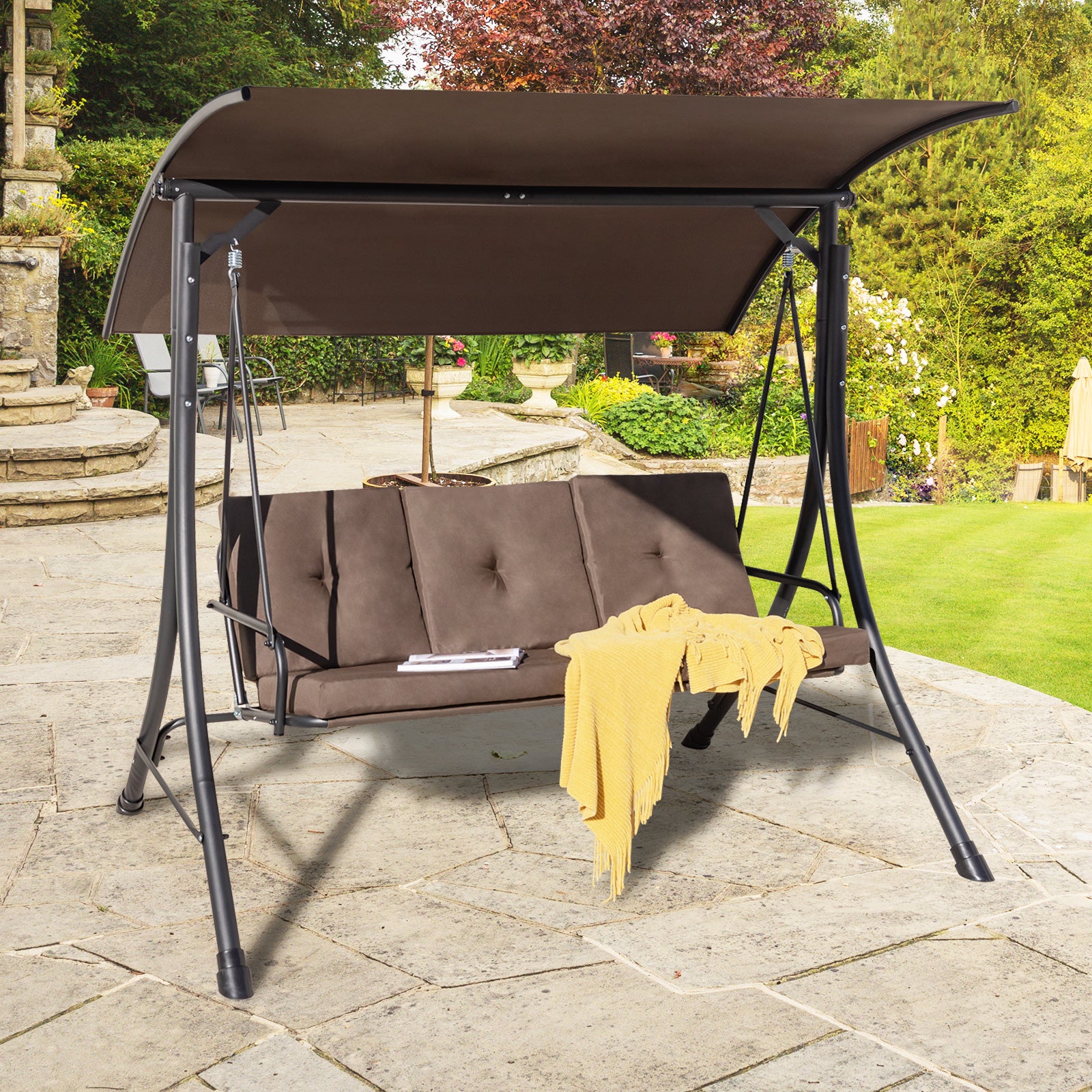 3-Seat Outdoor Swing With Adjustable Canopy, Padded Cushions, Brown Porch Swings at Gallery Canada