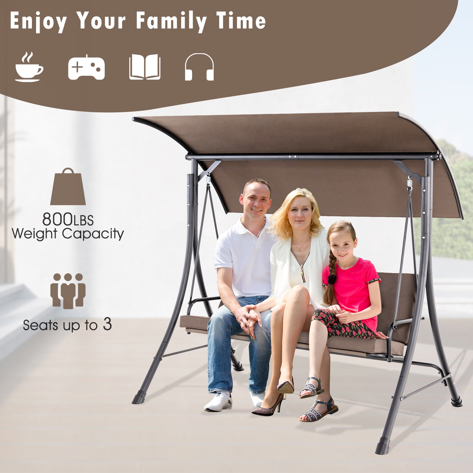 3-Seat Outdoor Swing With Adjustable Canopy, Padded Cushions, Brown Porch Swings at Gallery Canada