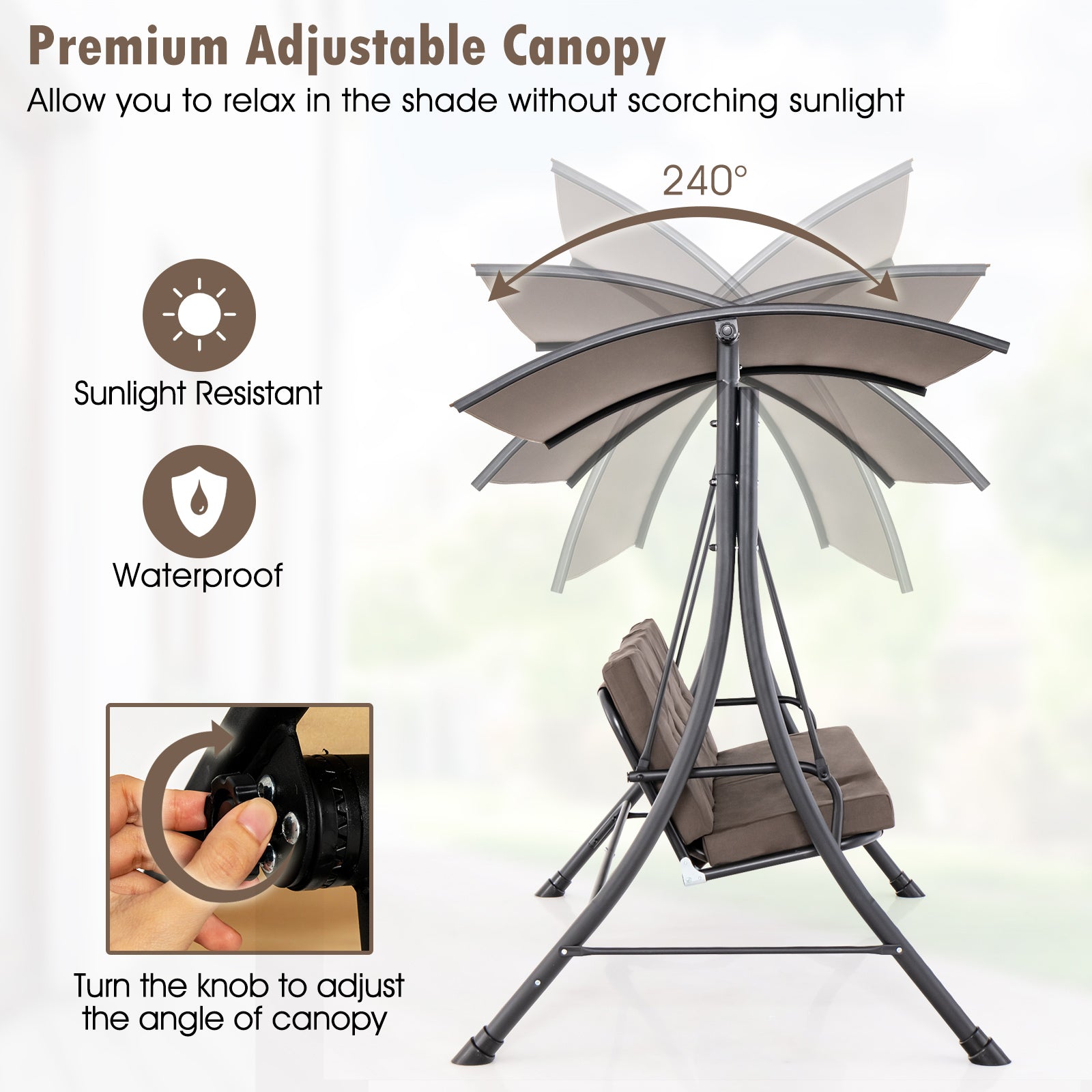 3-Seat Outdoor Swing With Adjustable Canopy, Padded Cushions, Brown Porch Swings at Gallery Canada