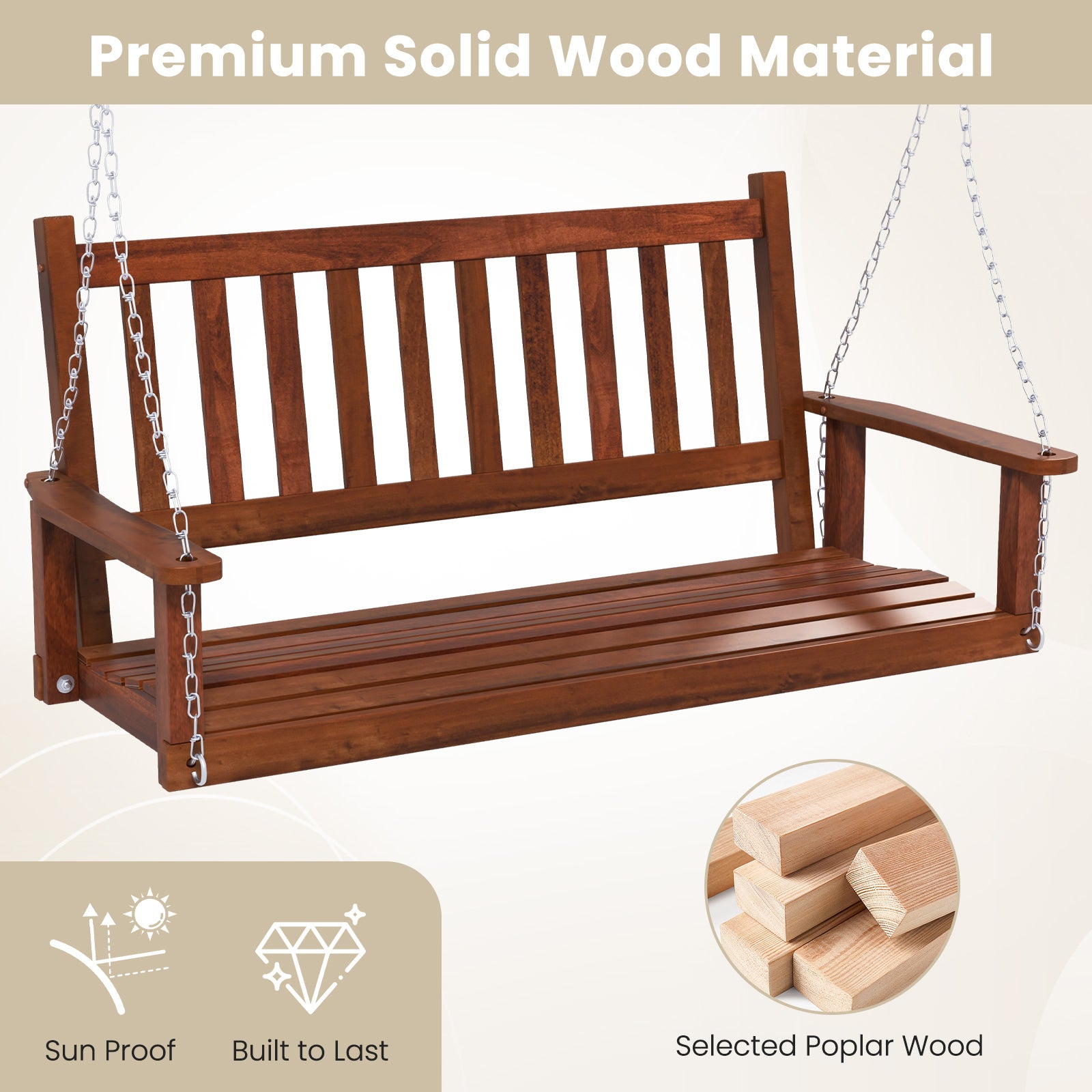 2-Person Wooden Porch Swing, 500 lbs Capacity, Brown Porch Swings at Gallery Canada
