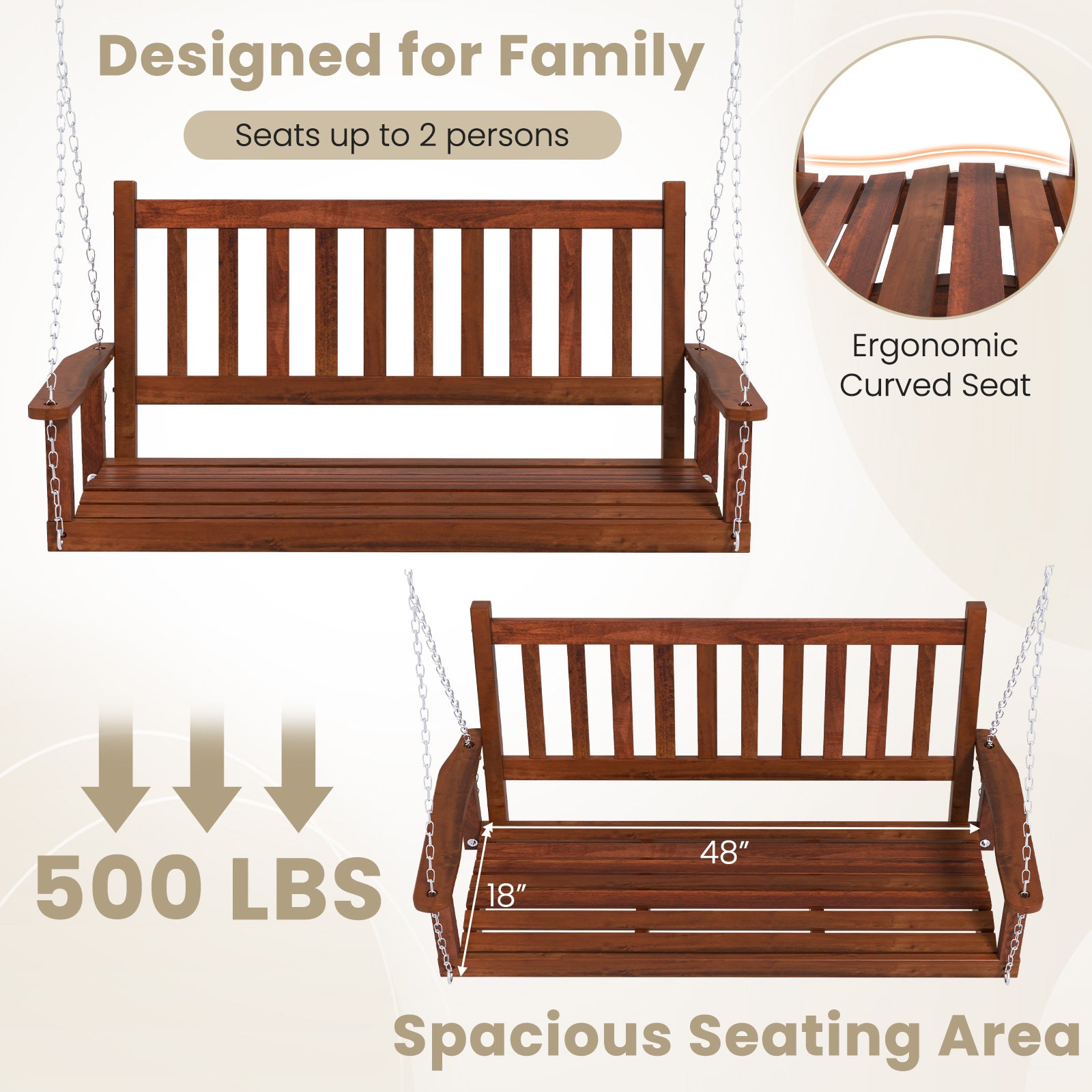 2-Person Wooden Porch Swing, 500 lbs Capacity, Brown Porch Swings at Gallery Canada