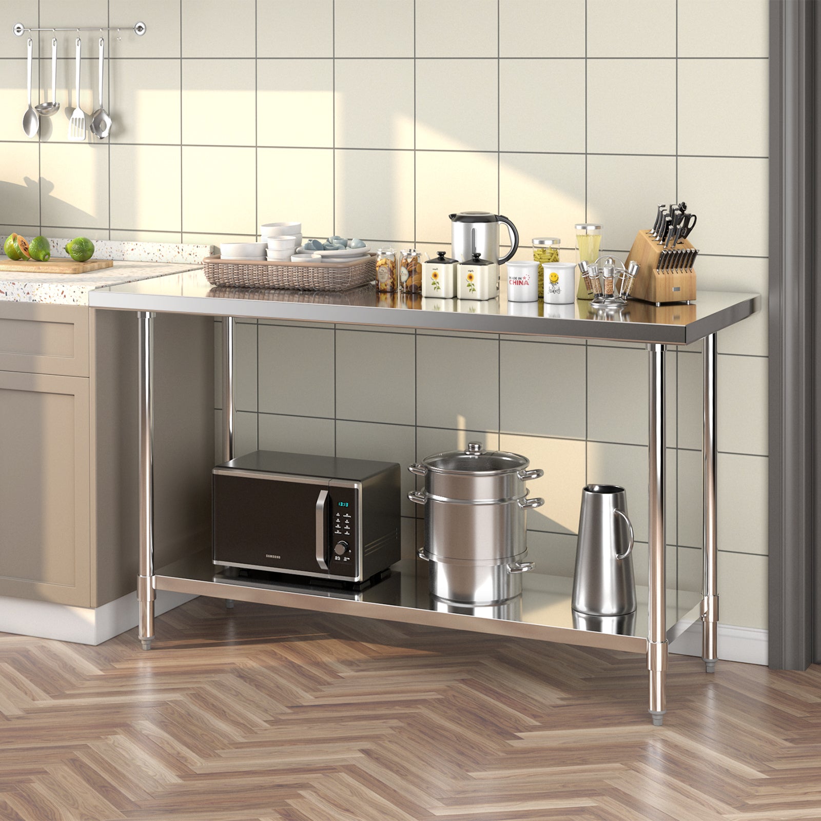 24 x 60 Inches Stainless Steel Kitchen Prep Table, Adjustable Undershelf, Silver Kitchen Tools at Gallery Canada